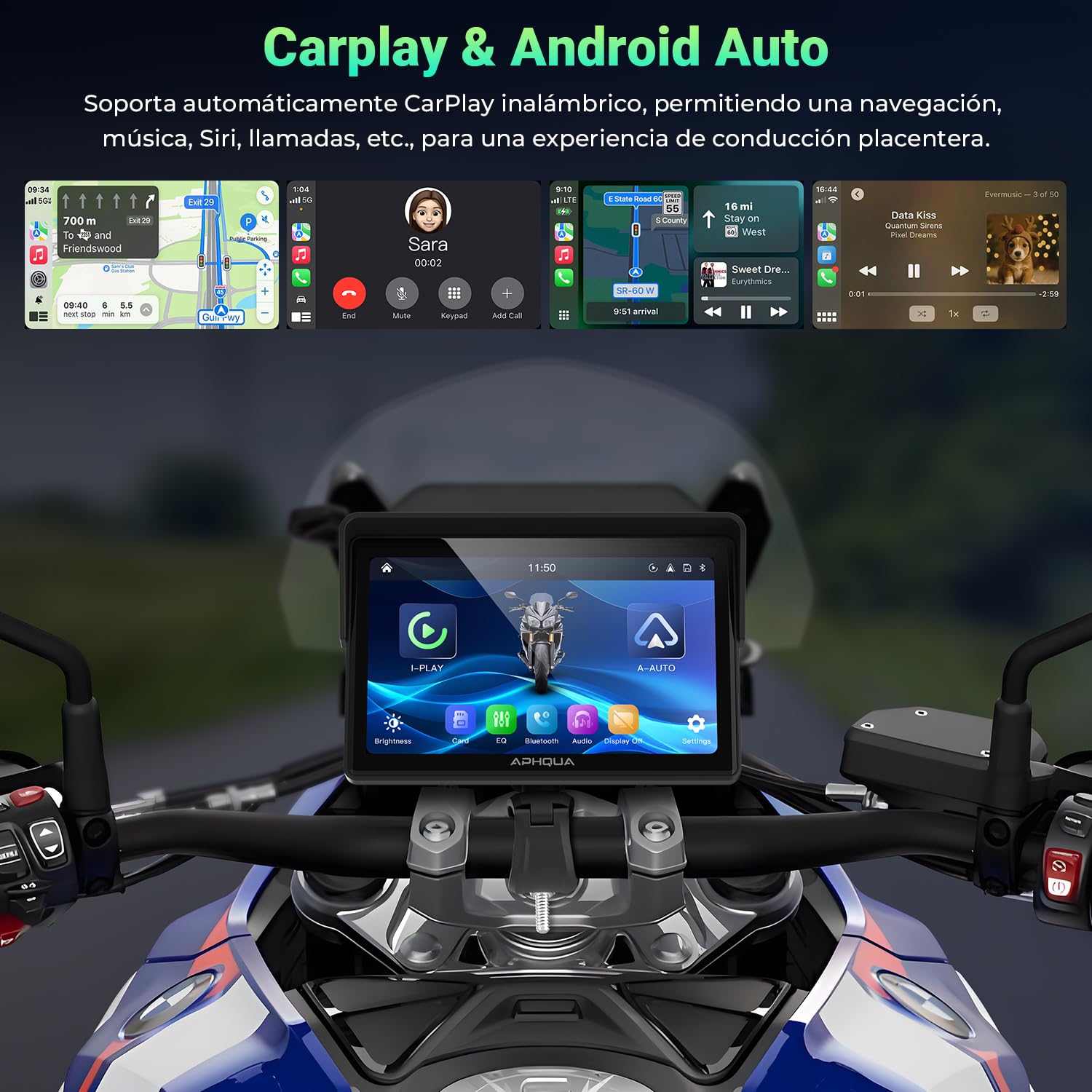 522 CarPlay Moto Pantalla Táctil Impermeable de 5 Pulgadas, CarPlay y Android Auto Inalámbricos, Bluetooth, Navegación GPS, Siri y Asistente de G00gle