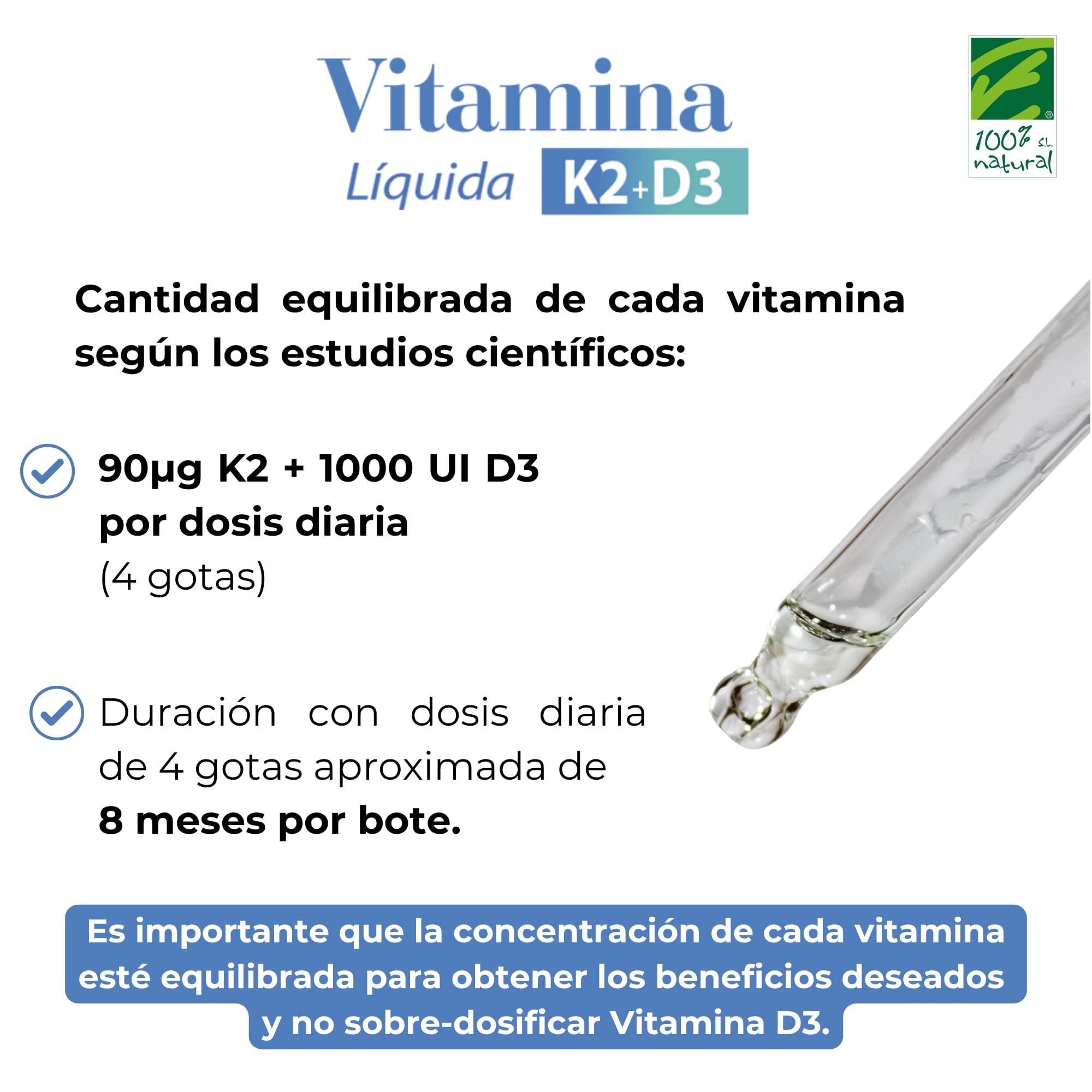 Vitamina K2 MK7 y D3 en Gotas - 90µg K2 + 1000UI D3 por Dosis - 8 Meses - Fórmula Equilibrada - Apoya la Salud Ósea y Cardiovascular - Fijación Eficiente de Calcio - Alta Biodisponibilidad