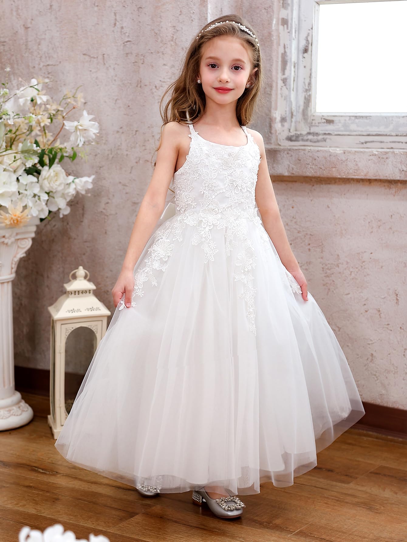 Blumenmädchen Kleid Kinder Mädchen Träger Blumen Bestickt Spitzen Strapskleid Ärmellos Hochzeit Geburtstag Partykleid Prinzessin Maxikleid Elegant Weich Kinderkleid Für Performance(6,Weiß)