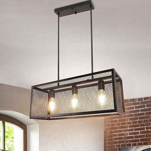 Depuley Lámpara industrial para isla de cocina, candelabro de 3 luces, lámpara colgante de malla metálica ajustable para comedor, sala de estar,