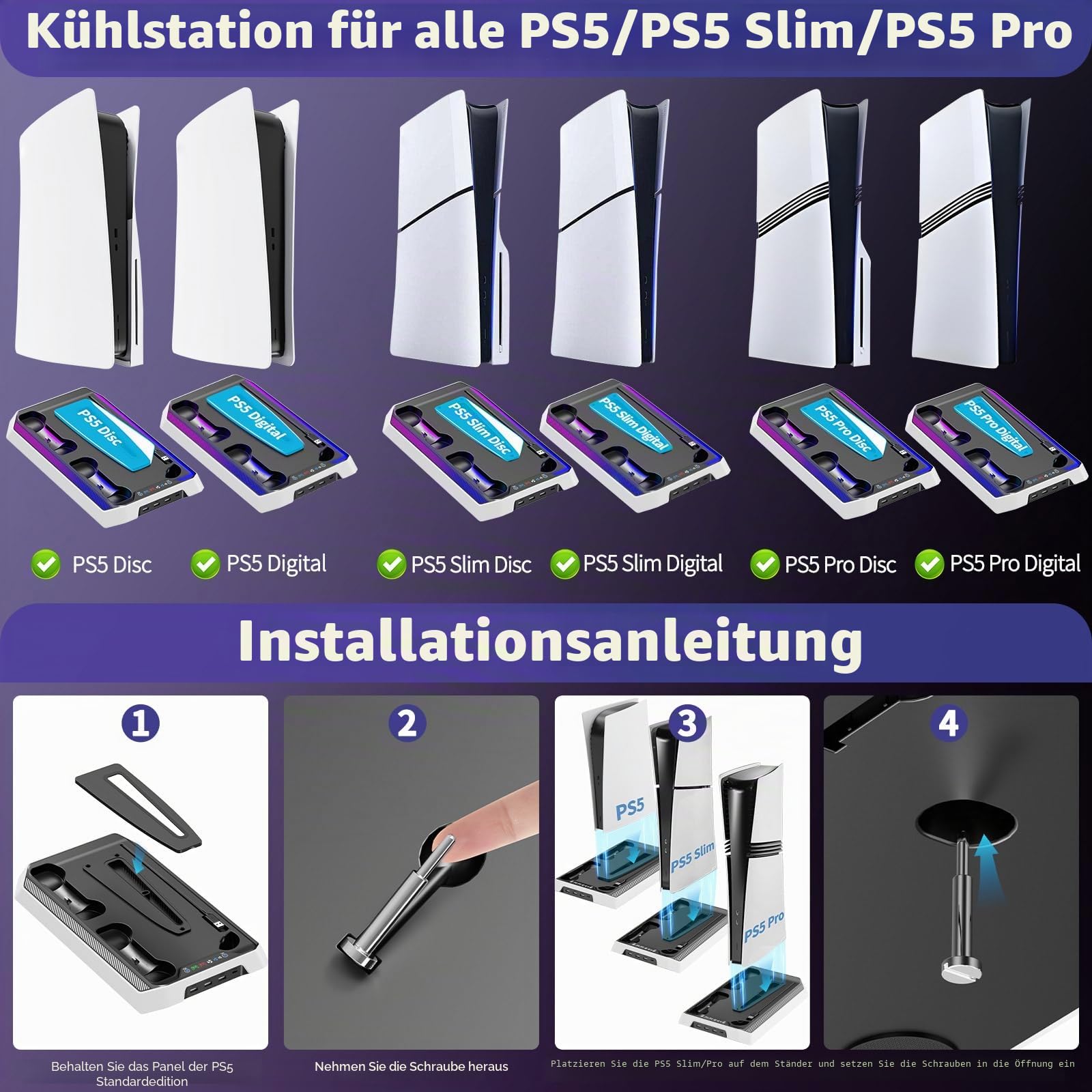 JORREP Ladestation für PS5/Slim/Pro Stand und Controller Ladestation für PS5 Konsole mit Lüfter, Dual Controller Ladegerät,Kühlständer,Headset Halterung, PS5/Slim/Pro Zubehör