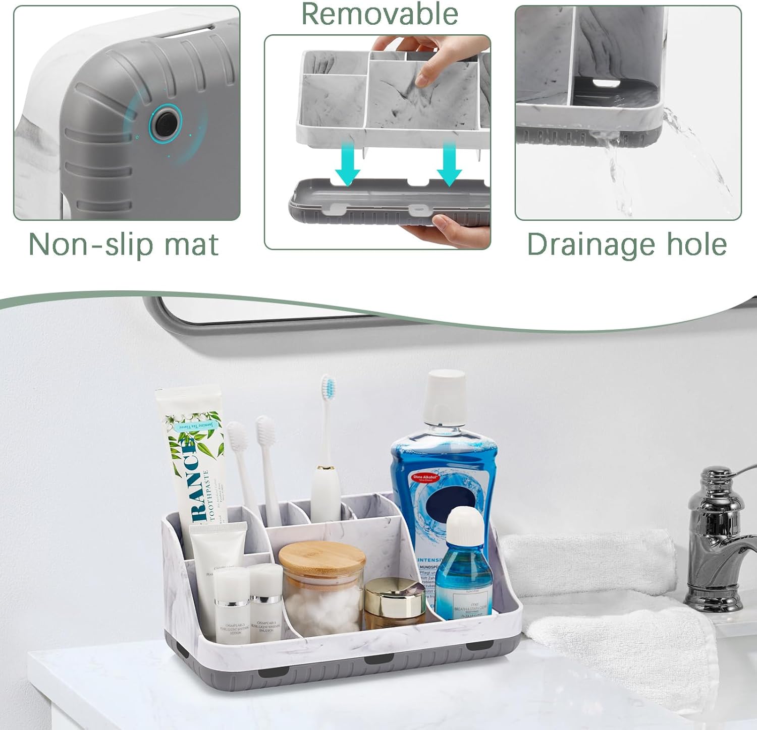Marble Bathroom Countertop Organizer - Detachable 7 Slots Kids Electric Toothbrush and Toothpaste Holde Drainage for Bathroom Accessories Organization Counter Vanity Storage, Grey Marble Grey image 4 of 7 B0CNJPCLXG