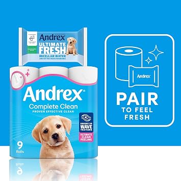 Andrex Complete Clean Toilet Roll - 9 Toilet Rolls, 3-Ply, Now Even Softer, FSC Certified, endorsed as a Which? Best Buy