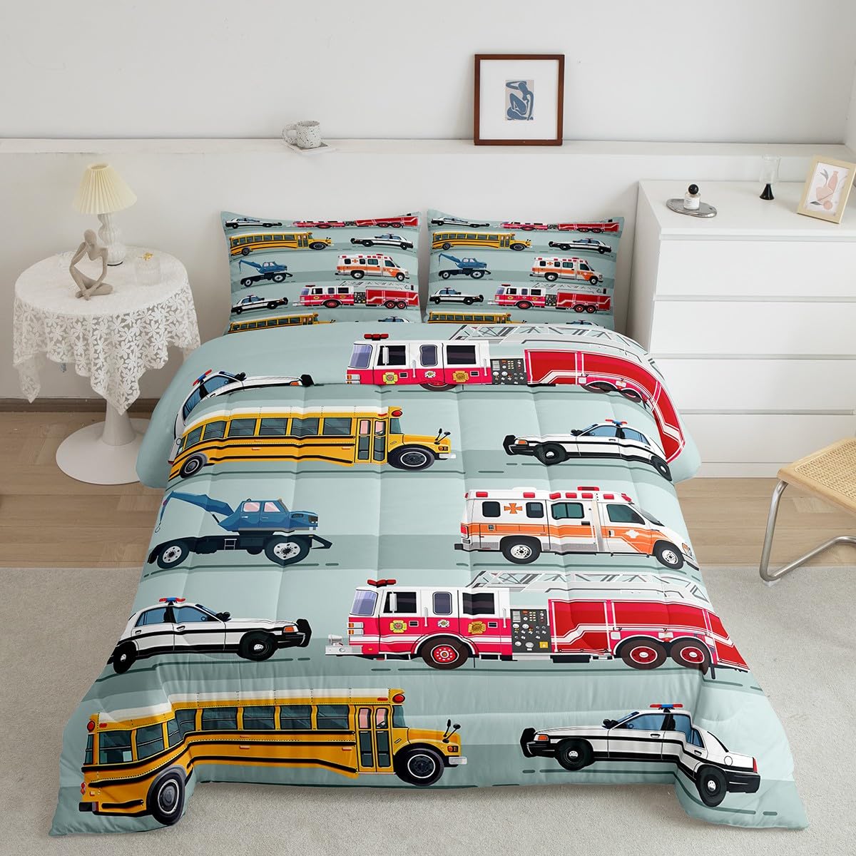 Erosebridal Fire Truck Comforter Set,Police Car Down Comforter Full Size,School Bus Bedding Set for Kids Boys Teens Youth,Equipped Truck Cartoon