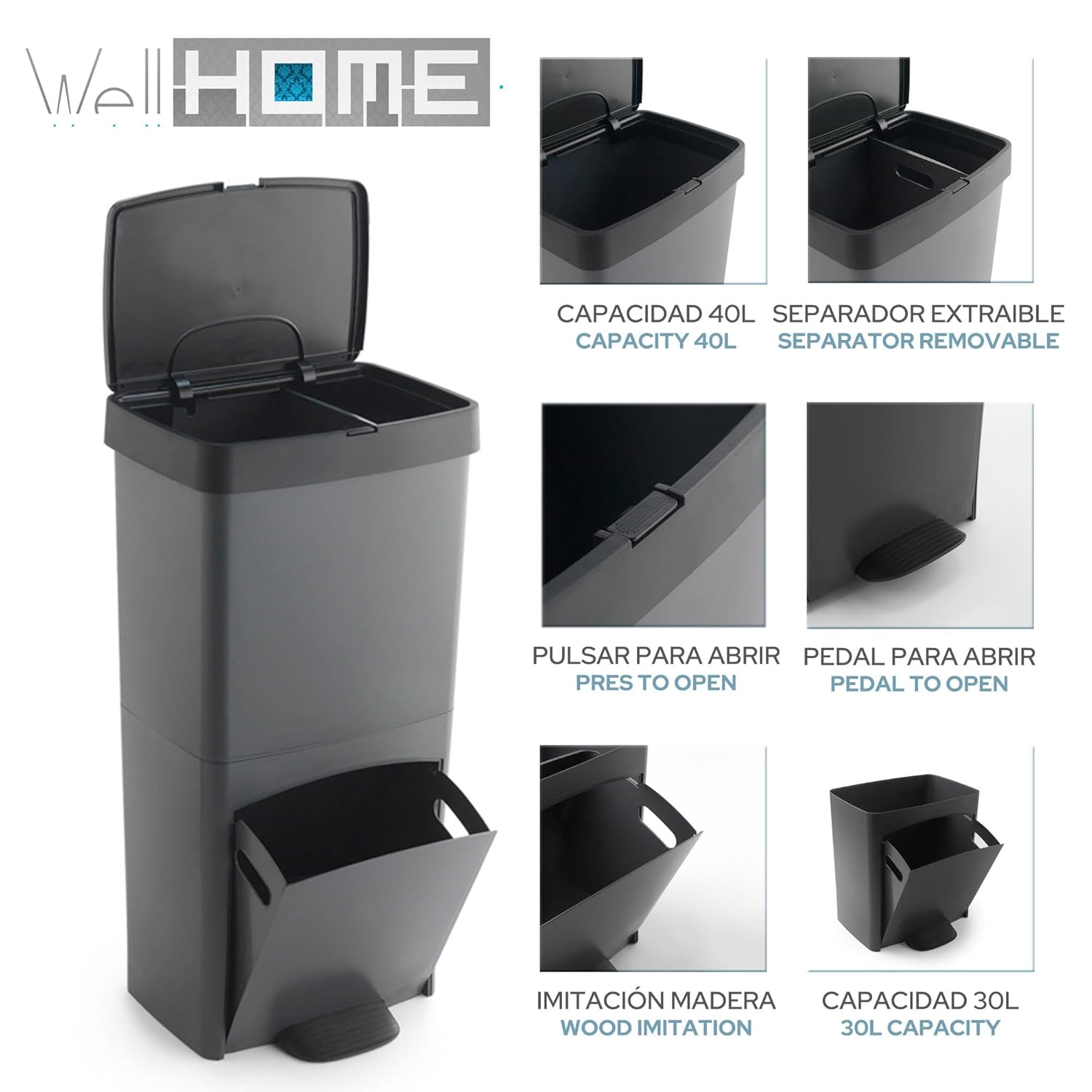 70 Litre Vertical 2 Compartment Trash Can 76 cm with Rubbish Bags