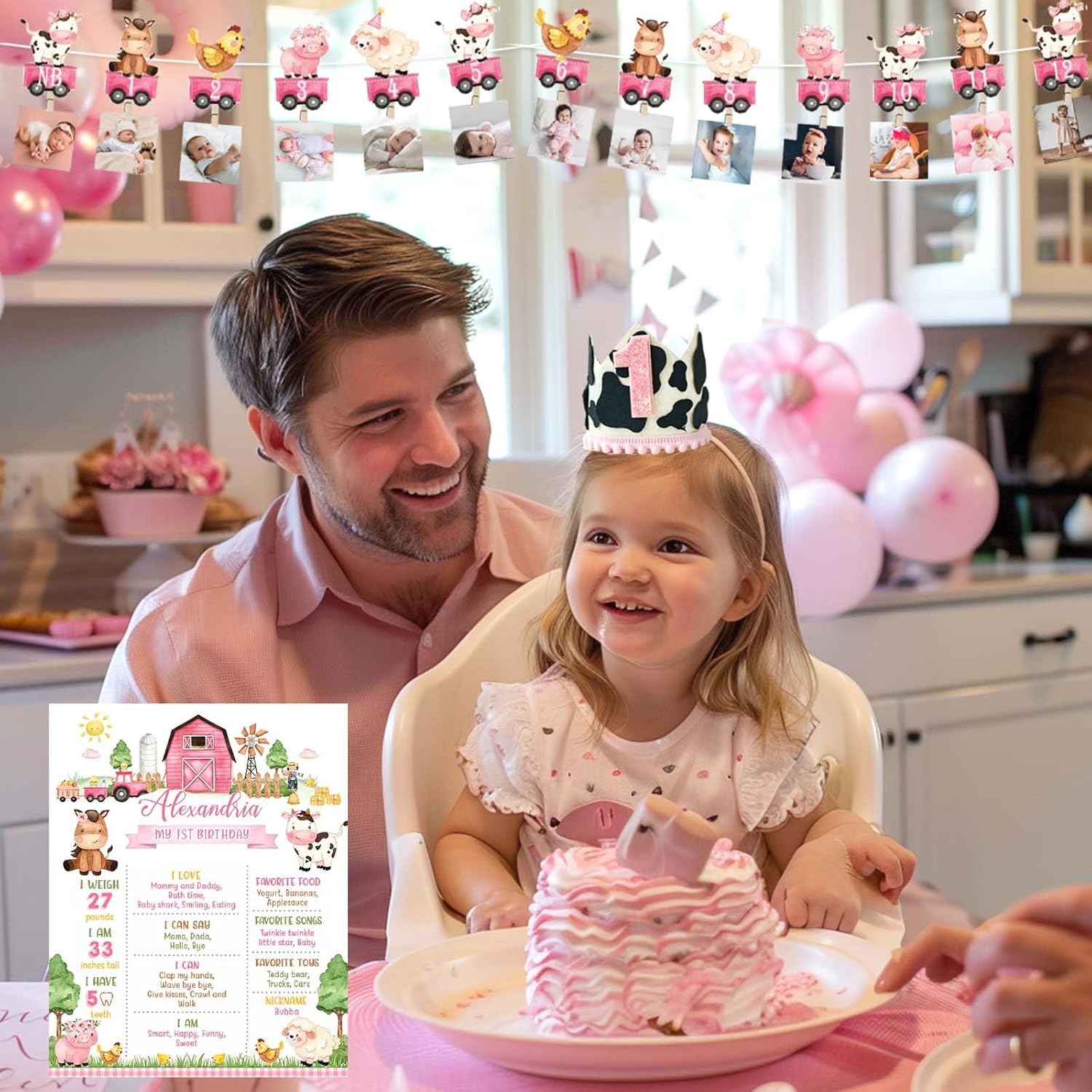 Farm 1st Party Decorations Girl, 131 PCs Farm Animal Birthday Party Supplies with Pink Barnyard One Backdrop, Balloon Garland, Cake Topper, Crown, Poster