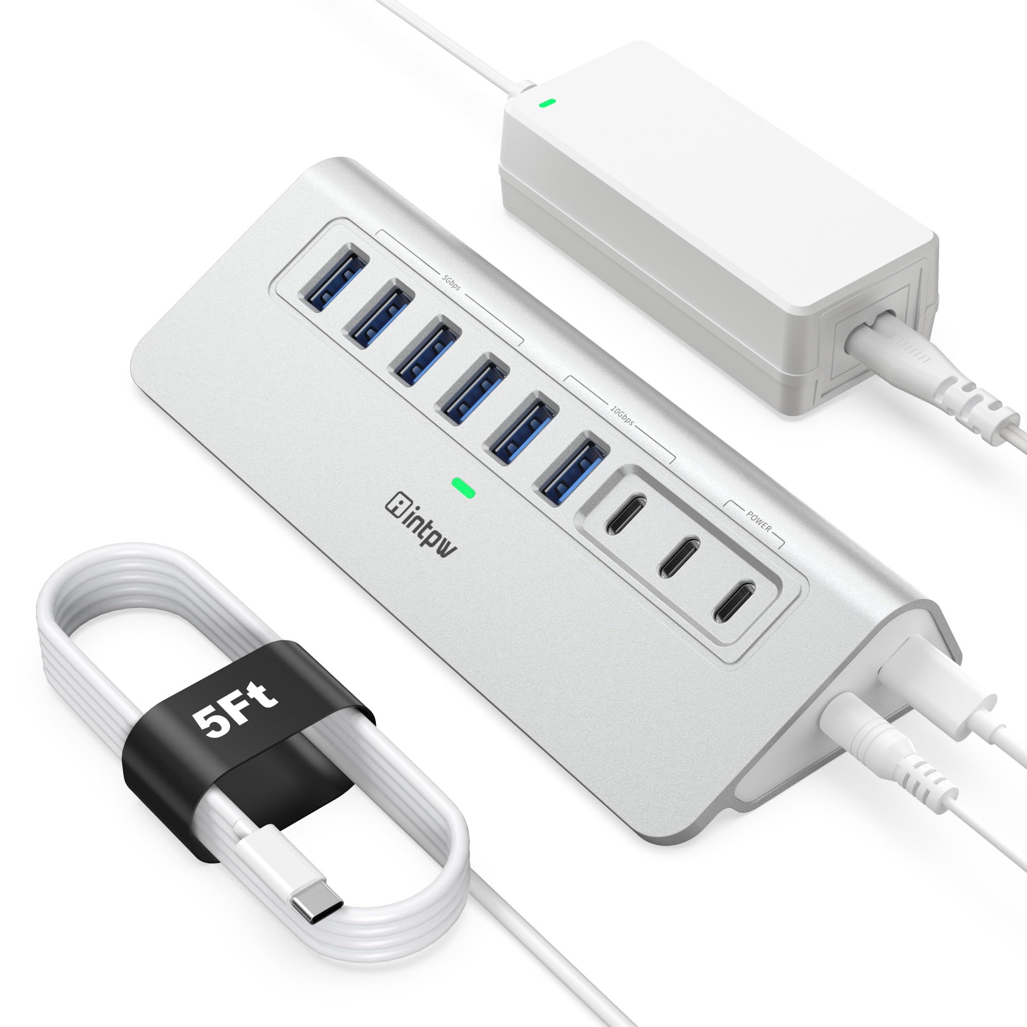 intpw Powered USB Hub 10Gbps,  9-Port USB 3.2 /USB C Hub , 5Ft USB-C Cable