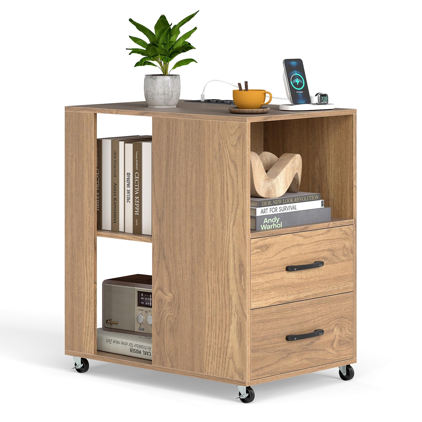 GYMAX Mesita de Noche con Estación de Carga, Mesita Auxiliar con Ruedas, 2 Cajones, Compartimento Abierto y Estantes Traseros, Mueble Moderno para Salón, Dormitorio, Despacho, 60x40x65,5 cm (Natural)