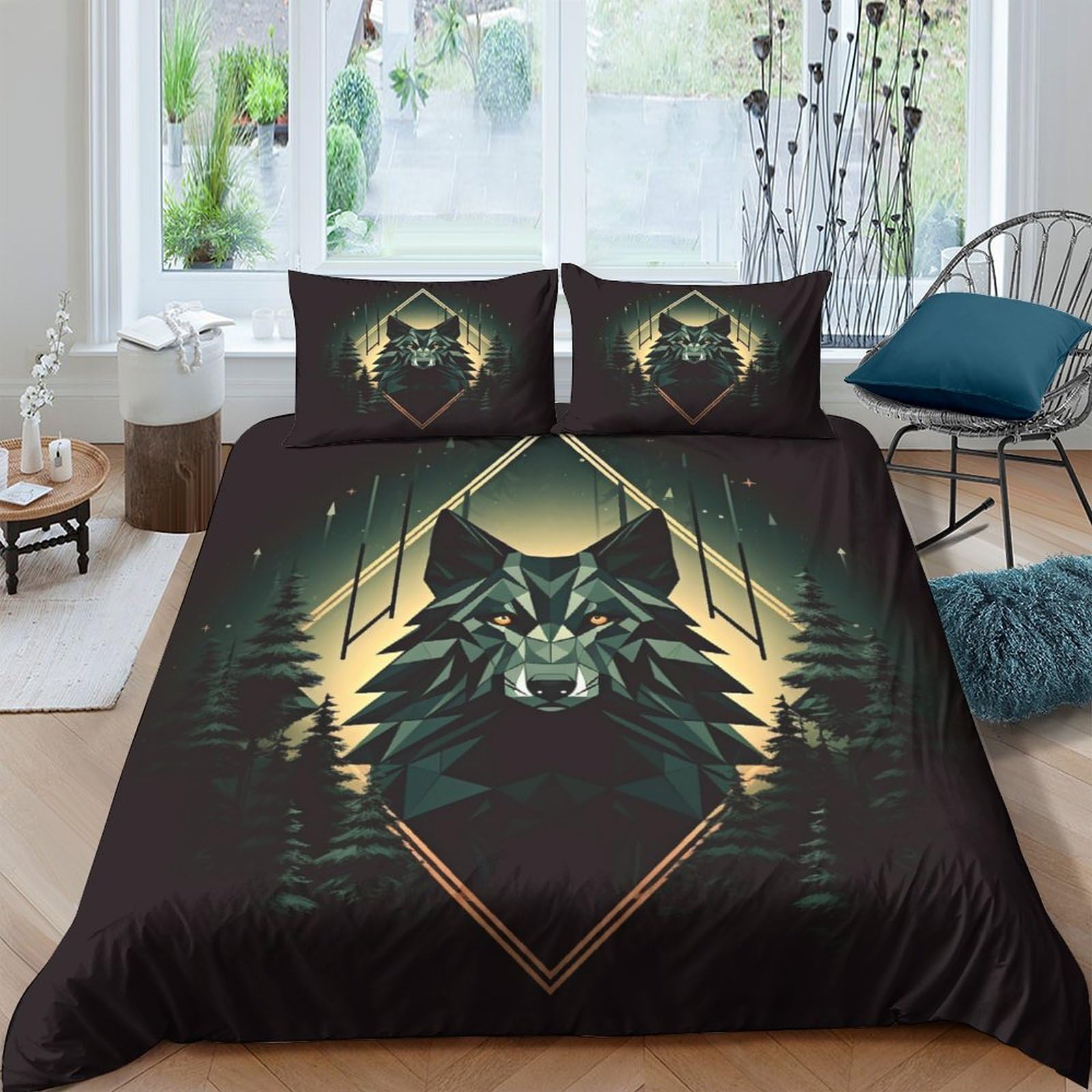 Parure de lit loup 3D géométrique avec housse de couette microfibre king 220x240