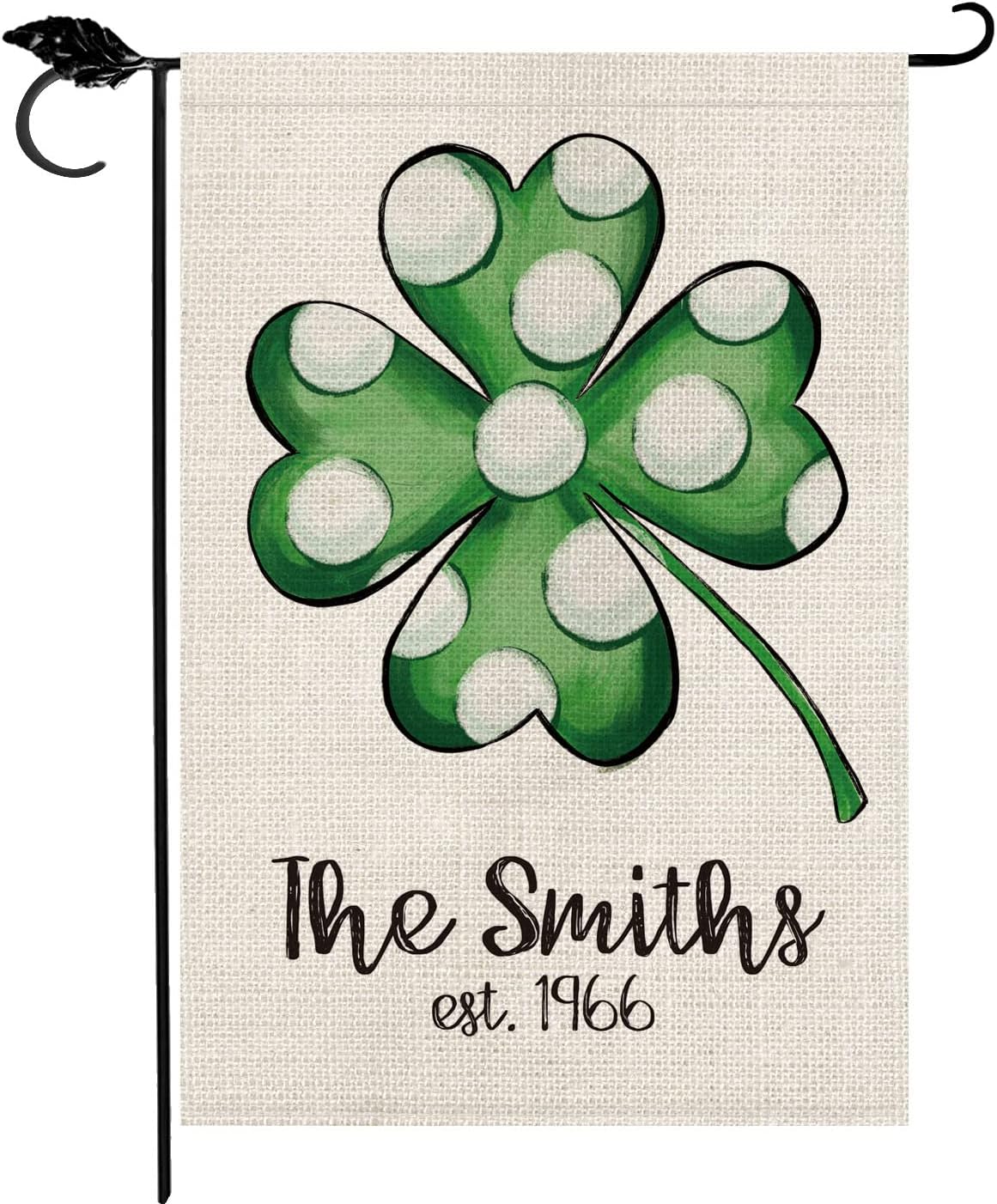 Smile Personalized St. Patricks Day House Flag, Custom Family Name and Year Speckle Shamrock, Double Sided 28 x 40 Inch Rustic Farmhouse Burlap Yard Outdoor Decoration