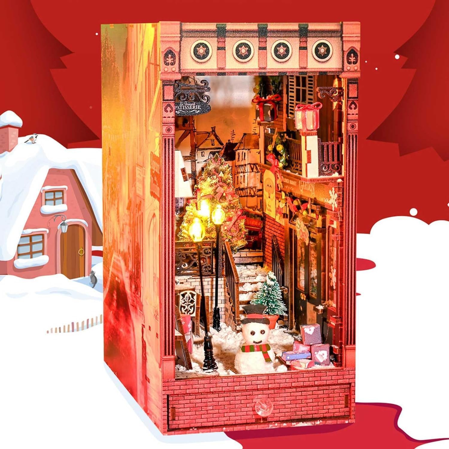 教育モデル ブックヌークキット、DIYミニチュアドールハウスブックヌークキット、LEDライト付き、木製装飾ブックエンドインサート装飾