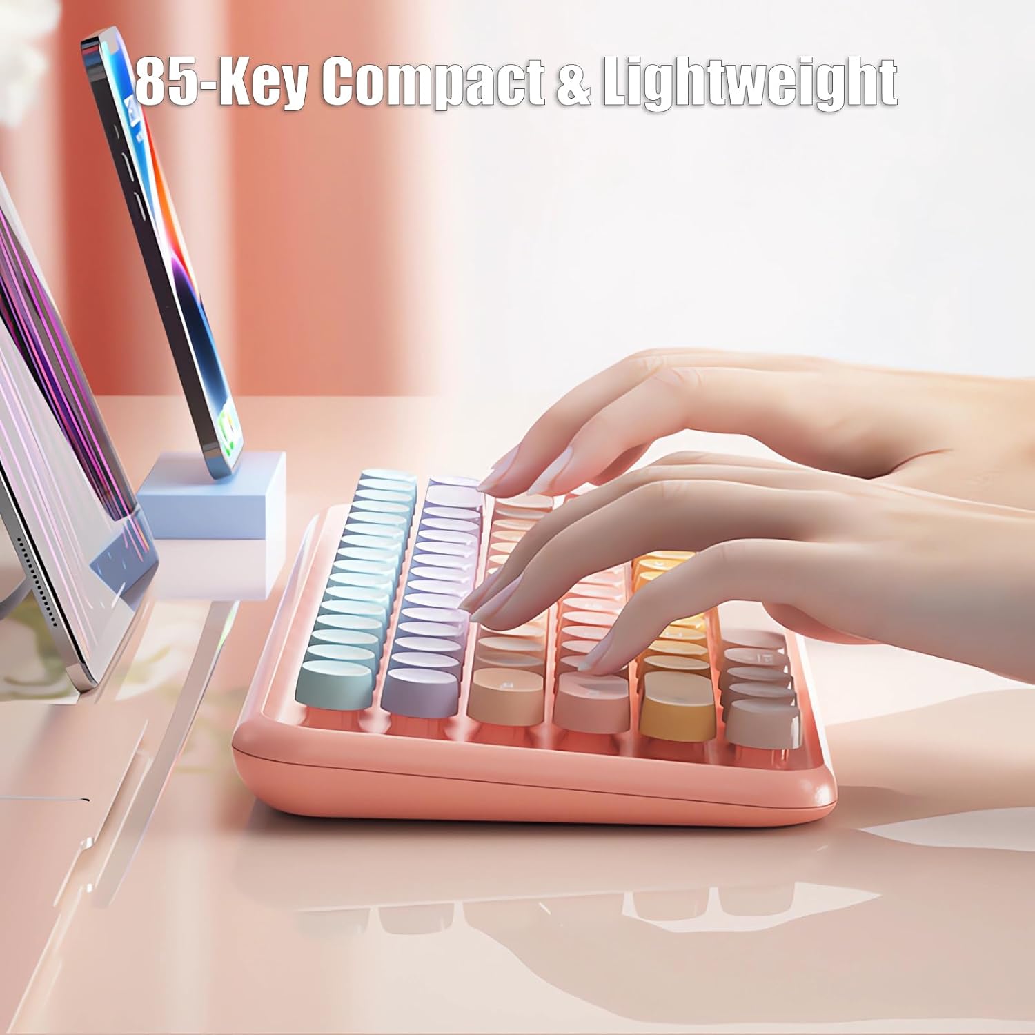 Typewriter Keyboard Wireless 2.4GHz/Bluetooth/USB-C Wired Rechargeable Membrane Gaming Keyboard Linear Mechanical-Feel Switch Compact 85-Key Retro Round Keycaps for Multi-Device, Sweet Pink