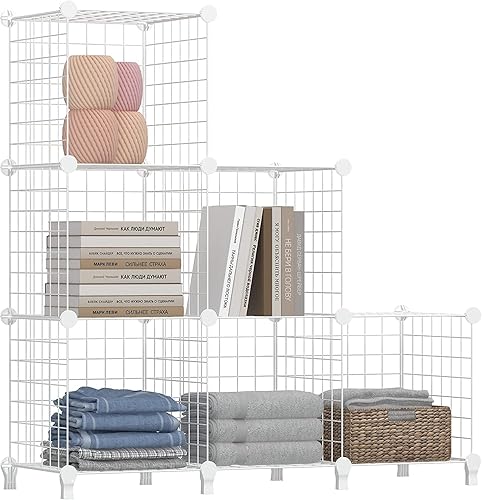 Wolizom Almacenamiento de cubos de alambre, estantes de rejilla de metal, organizador de estantería modular apilable, estantería de armario de
