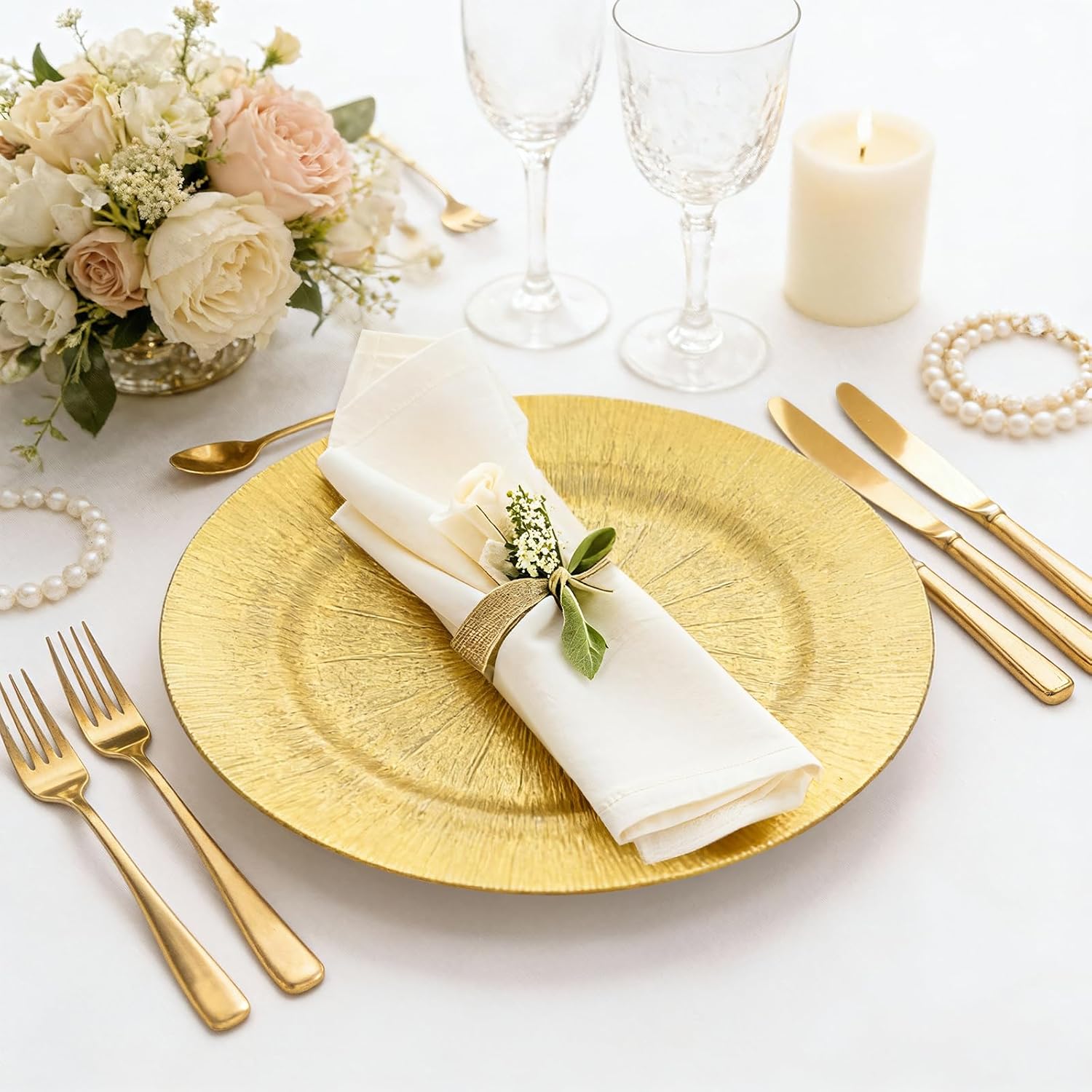 36-Pack 13" Gold Plastic Charger Plates – Heavy-Duty Smooth Rim, Disposable/Reusable, Spill-Proof Round Chargers for Wedding, Banquet & Party Table Setting