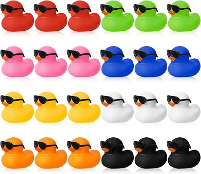24 Set Mini Rubber Ducks with Sunglasses, Tiny Bath Rubber Ducks Bulk for Car Dashboard Decorations Cruise Birthday Party Favors Multicolor