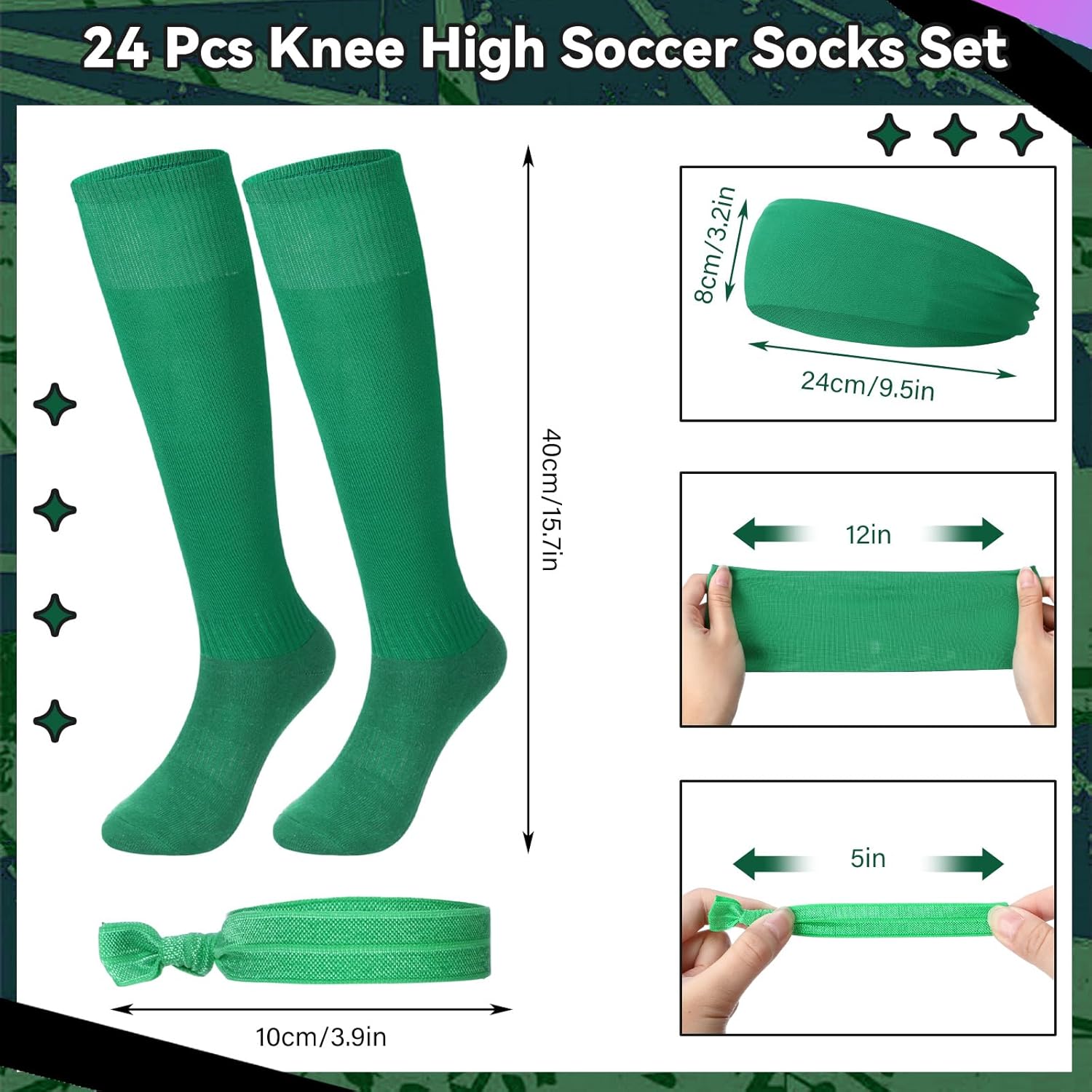 24 Pcs Knee High Socks Set 8 Soccer Football Softball Baseball Socks with Headbands Hair Ties Team Gift for Youth