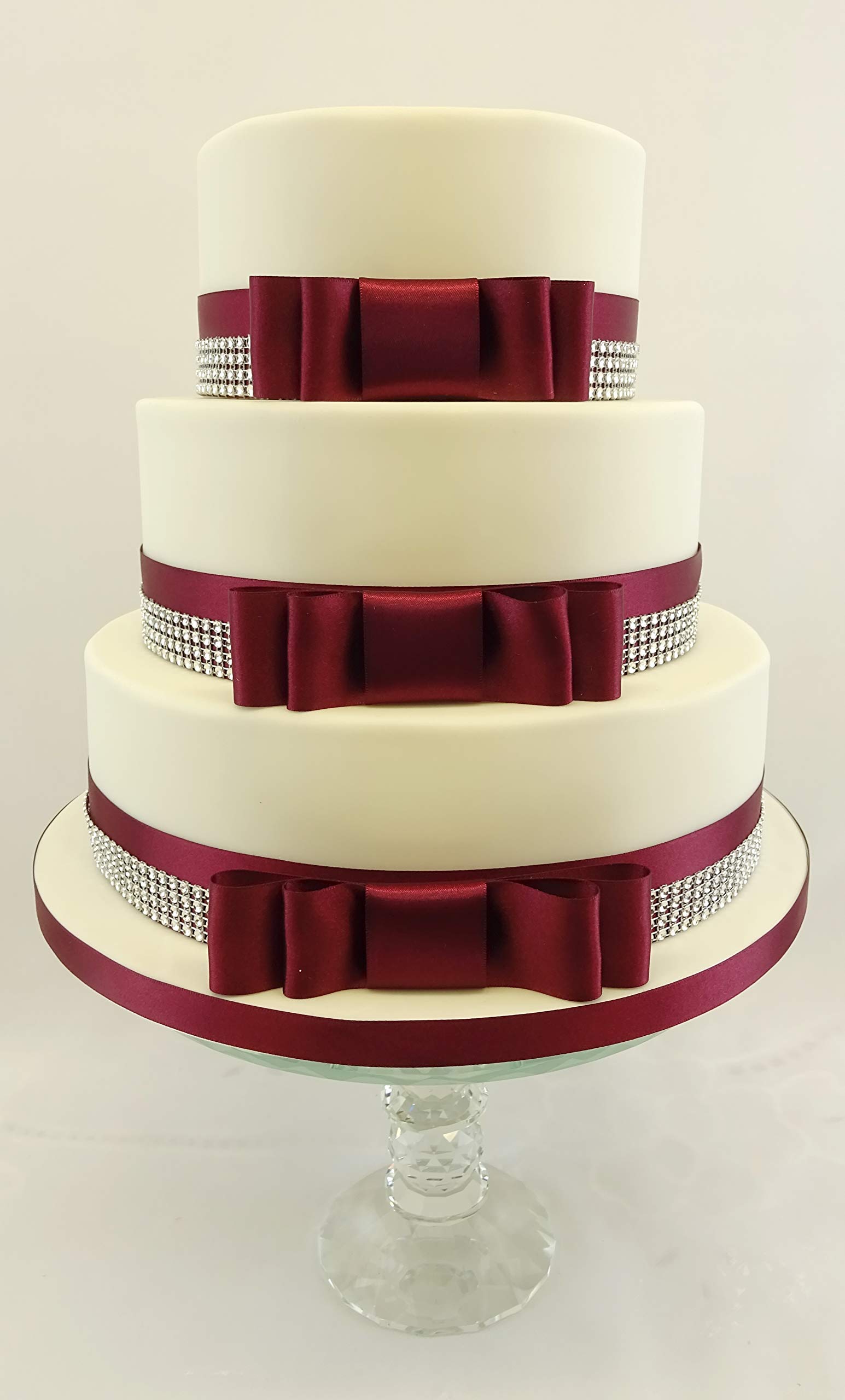 WEDDING CAKE BOW SET – SATIN BURGUNDY RIBBON/SILVER DIAMANTE TRIM CAKE TOPPER