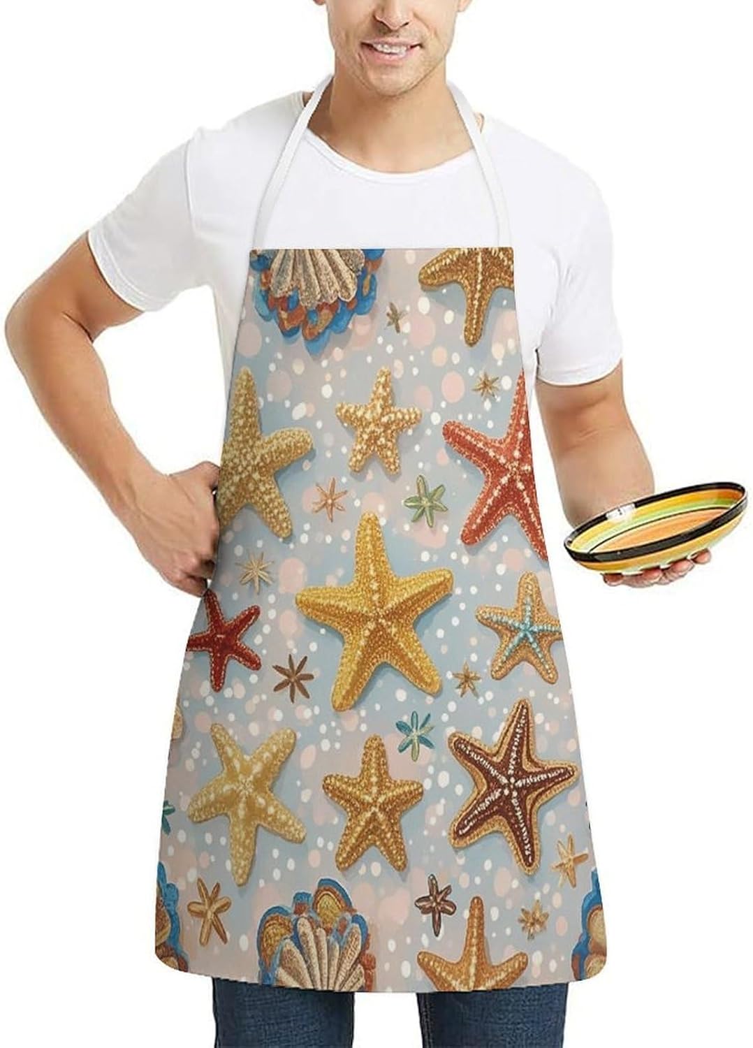 Shell Starfish Pattern Chef Apron Lightweight Soft Adjustable Bib Apron Cute Restaurant Work Aprons Washable Cooking Kitchen Aprons for Men Women Waiters