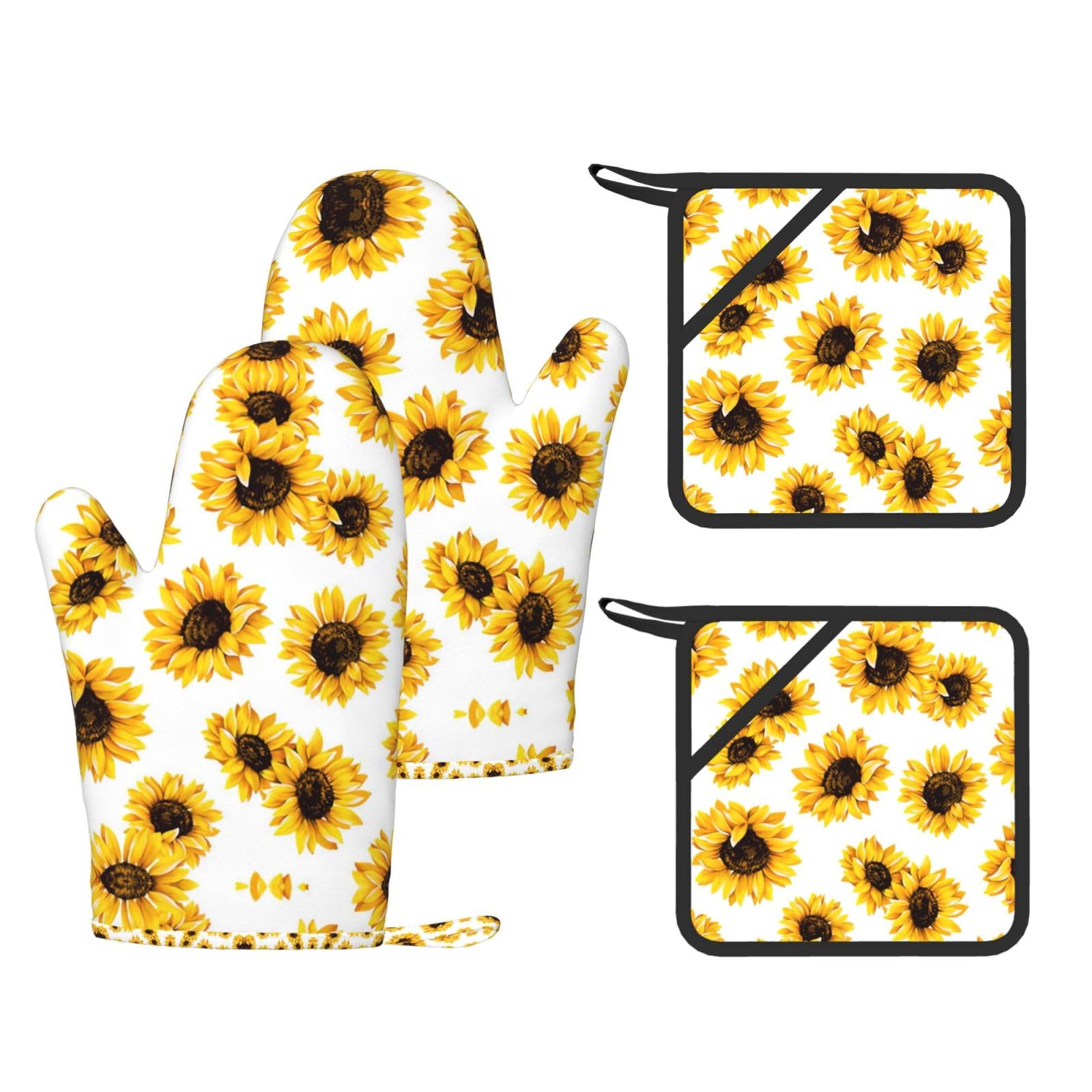 sunflower Printed Pot Holders and Oven Mitts 4-Piece, Non-Slip Kitchen Gloves with Utensil Pocket for BBQ