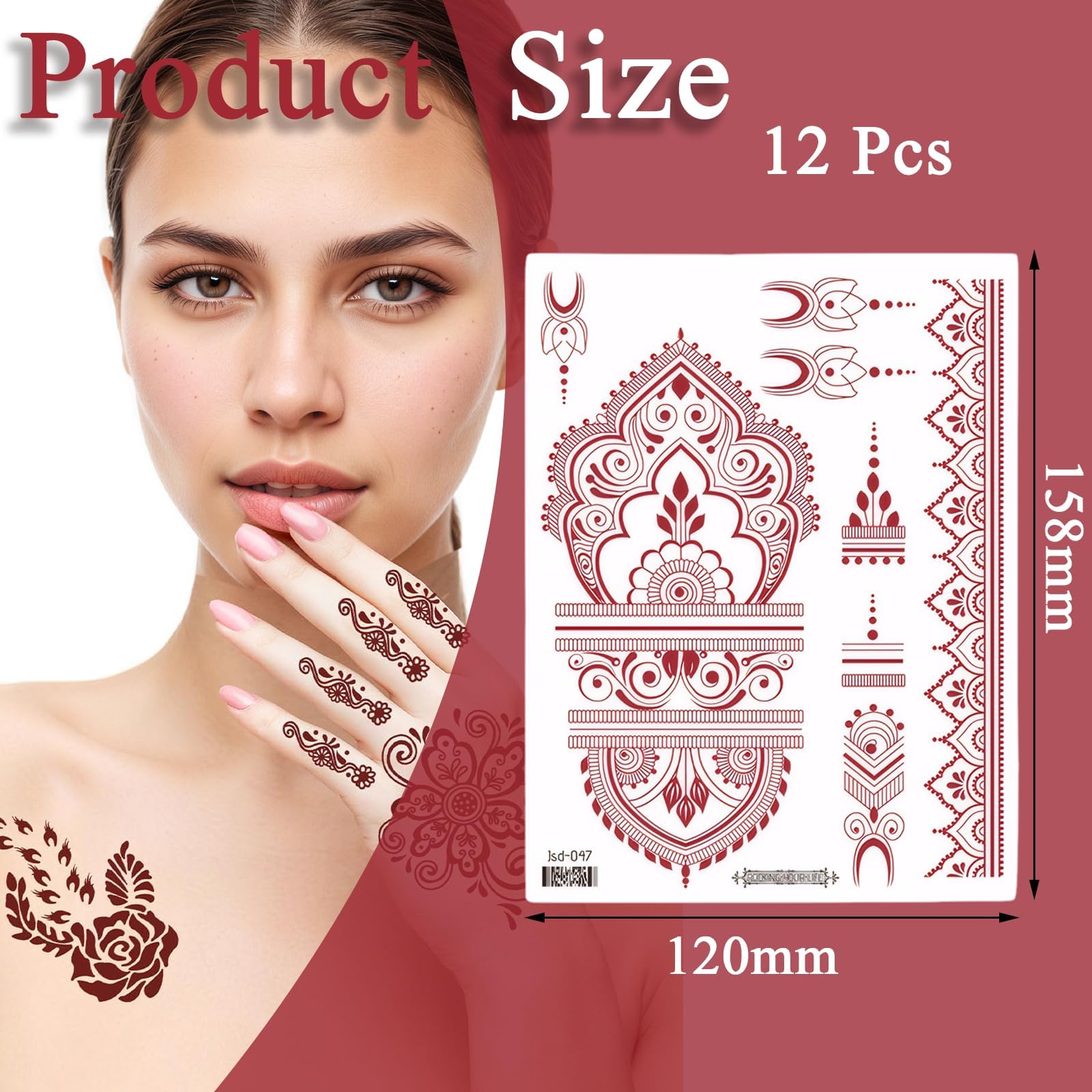 12 Sheets Temporary Tattoo Sticker, Brown Red Indian Mandala Flower Tattoo - Image 2