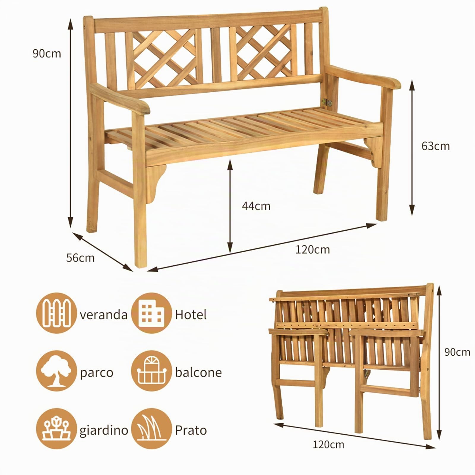 COSTWAY Panchina da Esterno Pieghevole, Panca da Esterno in Legno Massello con Schienale Curvo e Braccioli, Panchina per Giardino, Portico e Balcone, 120 x 56 x 90 cm