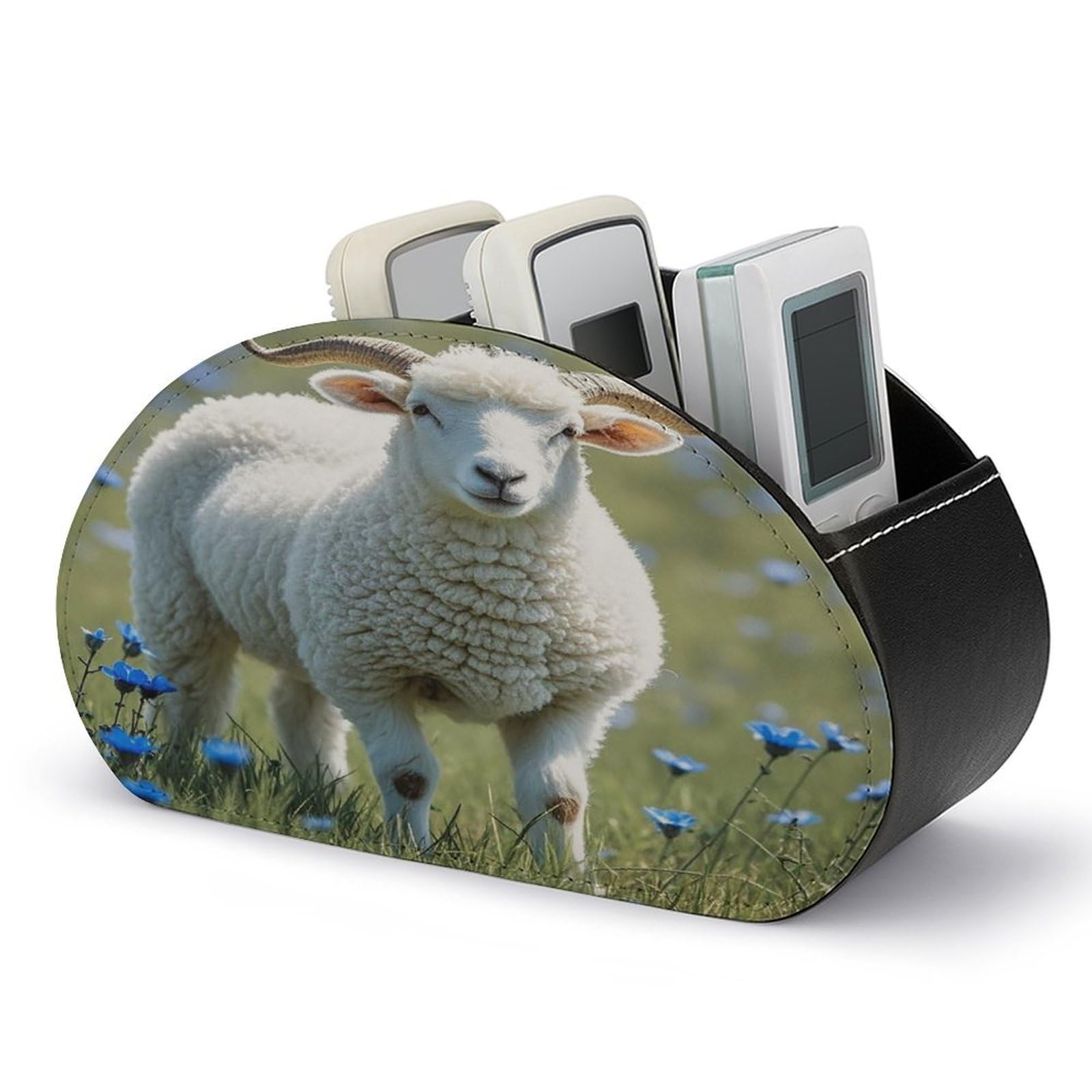 FekiLoot Sheep TV Remote Control Holder with 5 Compartments Multi-functional Leather Bedside Table Remote Caddy Desktop Storage Box for Store Pen Controller Media Player Cosmetic