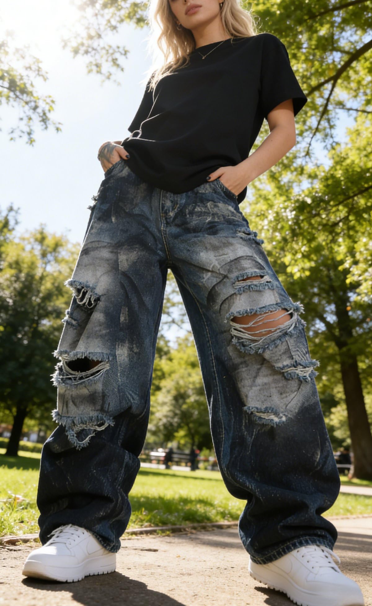 Jeans larghi unisex Y2K a gamba larga per uomo donna - Pantaloni streetwear in denim vintage lavato strappato