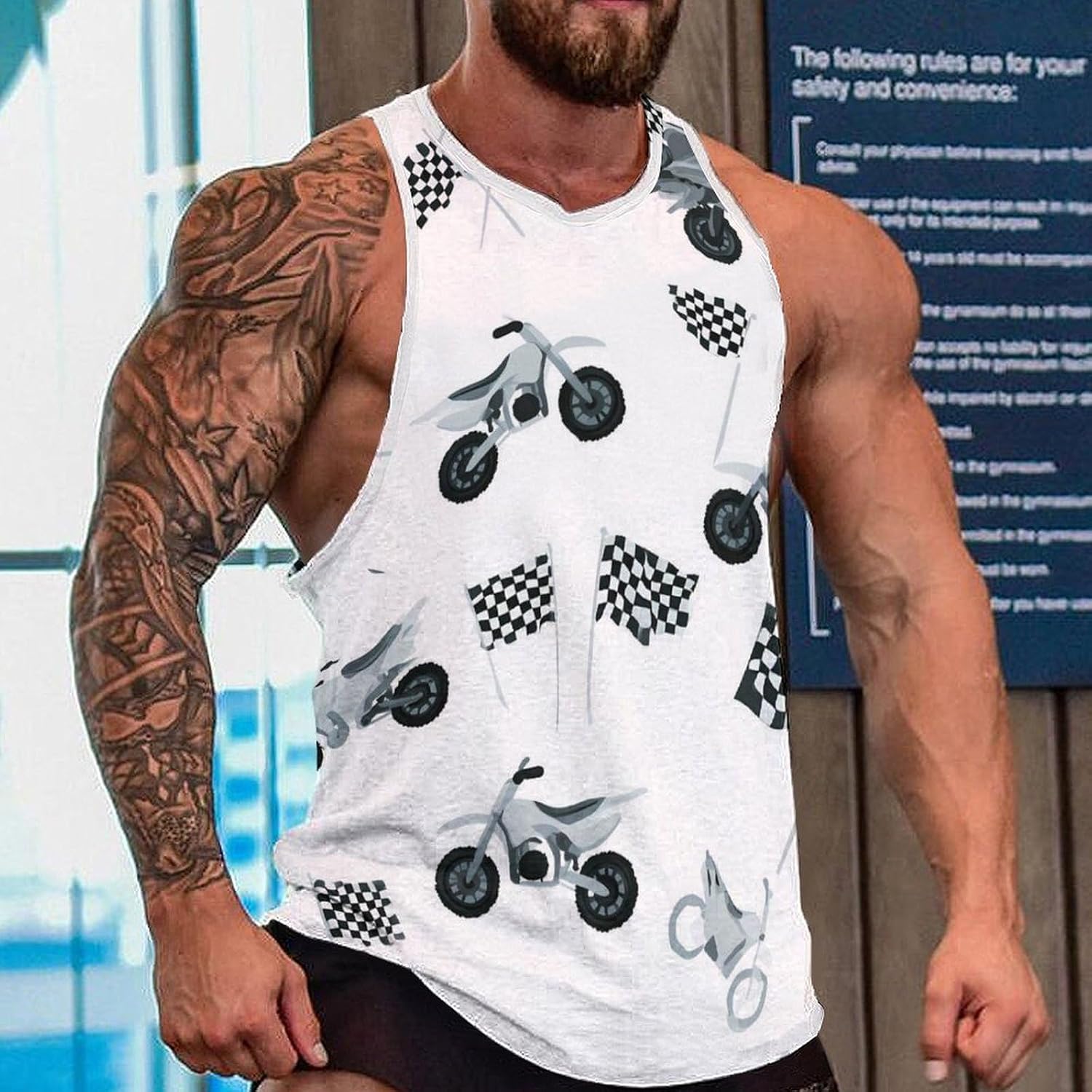 Dirt Bike and Checkered Flag Mens Breathable Printed Tank Top 5XL