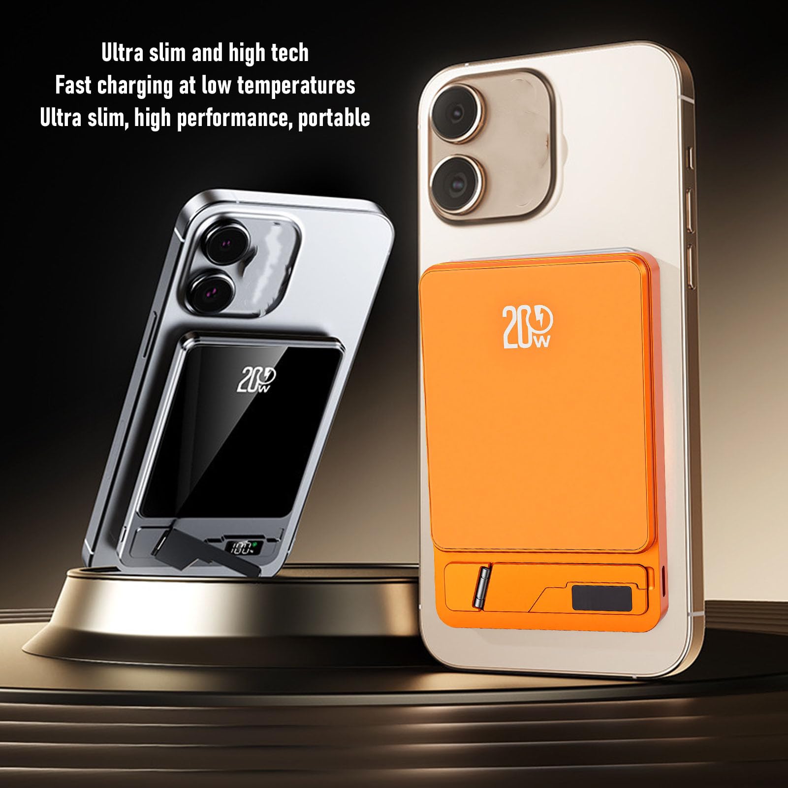 Batterie Externe Magnétique sans Fil 3 en 1, Chargeur Portable 10 000 MAh avec Charge Rapide PD 20 W, Charge sans Fil 15 W, écran LCD et Support intégré, pour Smartphones (Orange)