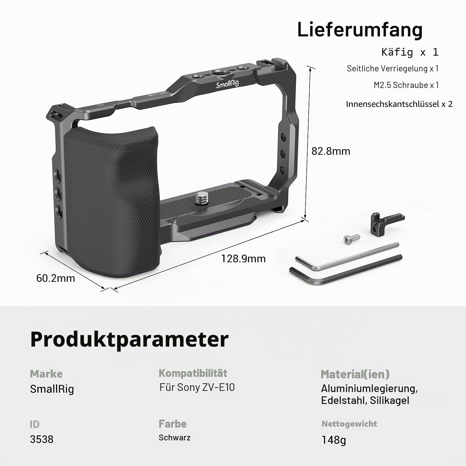 SMALLRIG ZV-E10 Käfig mit Griff und integrierter Schnellwechselplatte für AR-ca Swiss, Cage mit Grip für Sony ZV-E10-3538B