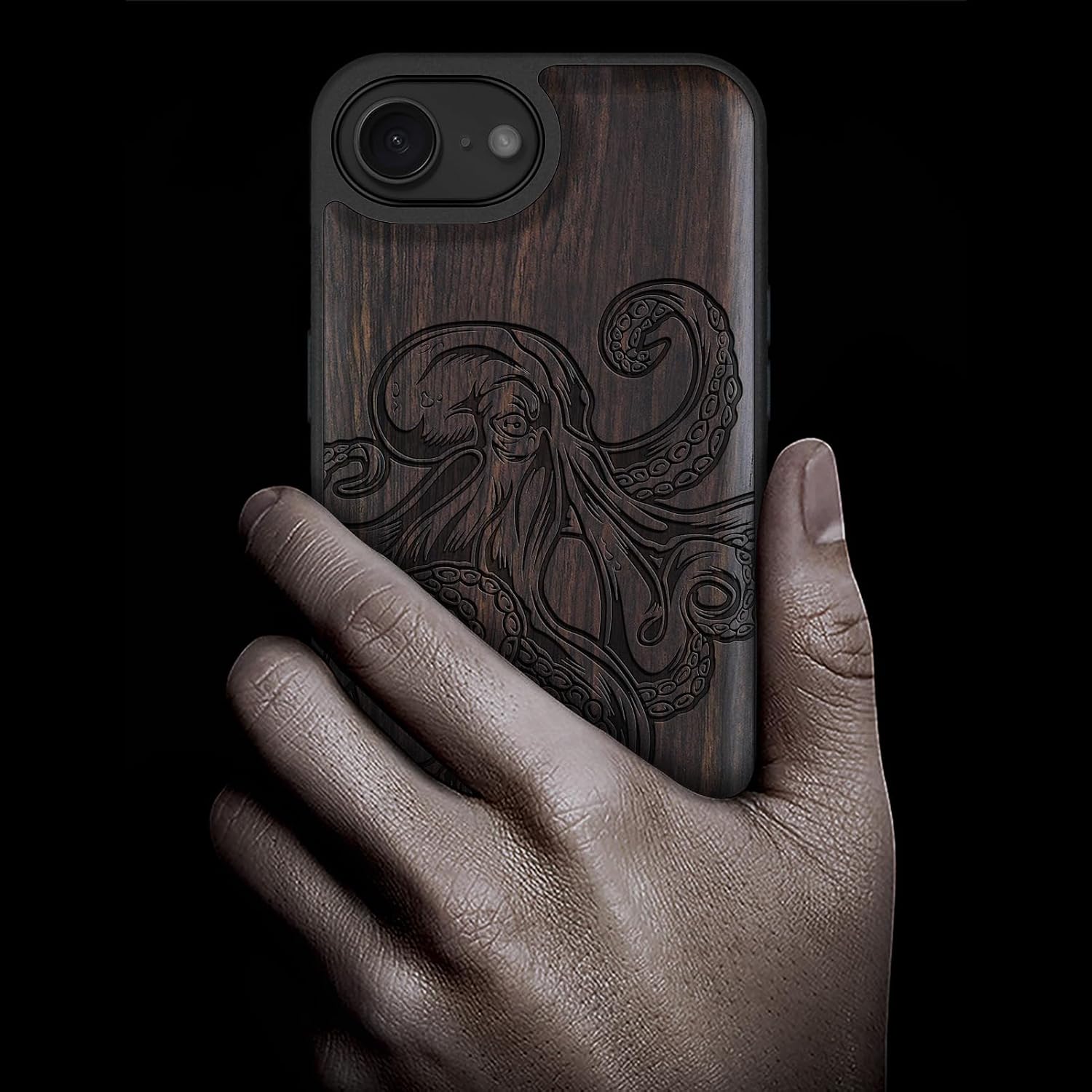 Carveit Magnetic Wooden Case for iPhone 16e / 17e, Solid Wood & TPU, Artisan Engraved Design, Shockproof Cover, Compatible with MagSafe Wireless Chargers, Octopus Drawing - Blackwood