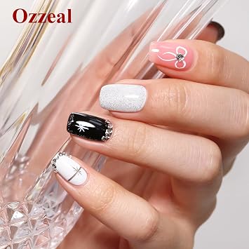 Ozzeal Gel Nail Polish Kit with UV Light, Hema Free Black White Pink Jelly Silver Glitter Manicure Set, Base and Top Coat and Rhinestone, All Year Round Gel Mini Salon, DIY Home Nail Art Starter Kit