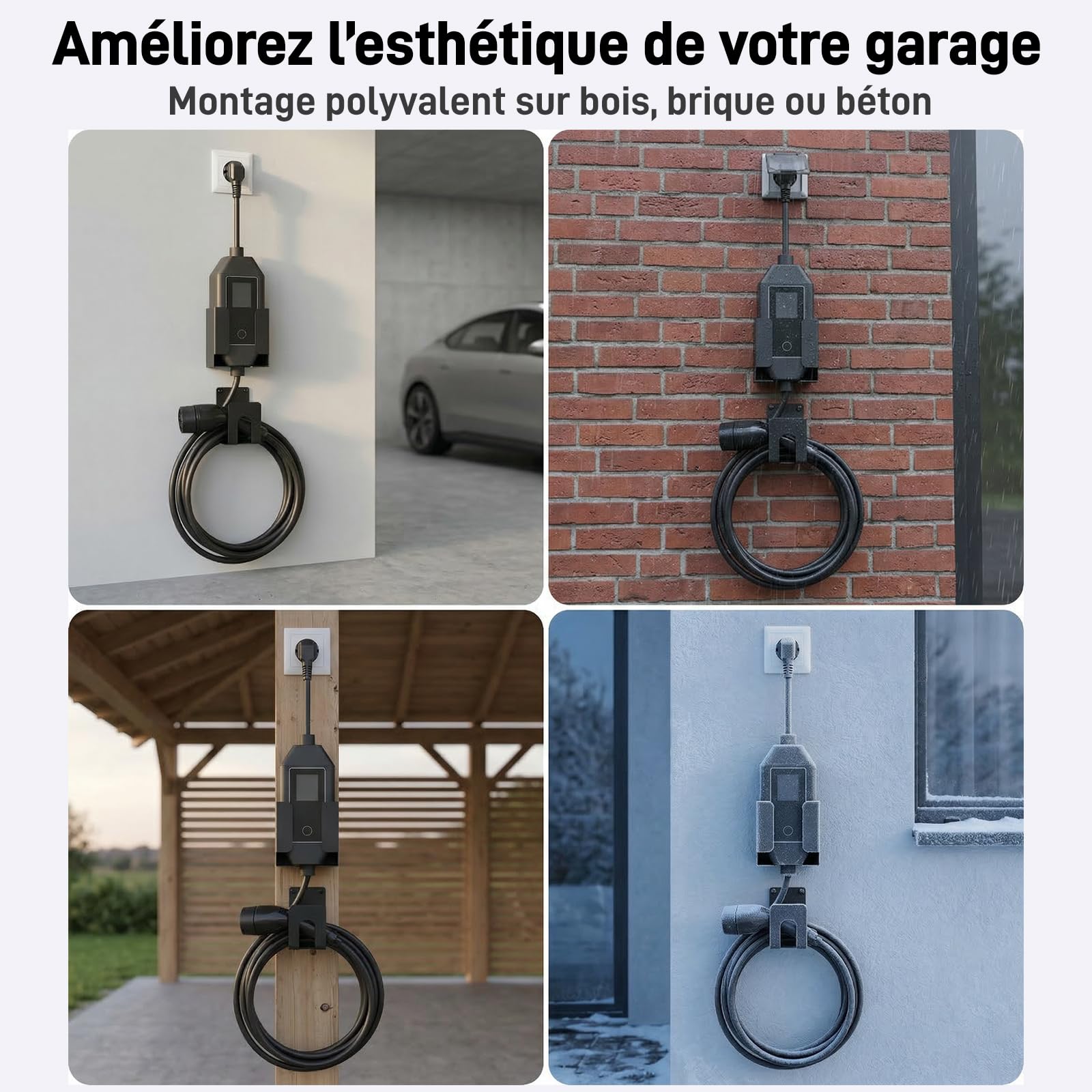 Kit Support Chargeur Véhicule Électrique – Organisateur Mural avec Support Boîtier de Contrôle et Crochet J pour Chargeurs EV Portables, Support Métallique Robuste pour Gestion Câbles EV