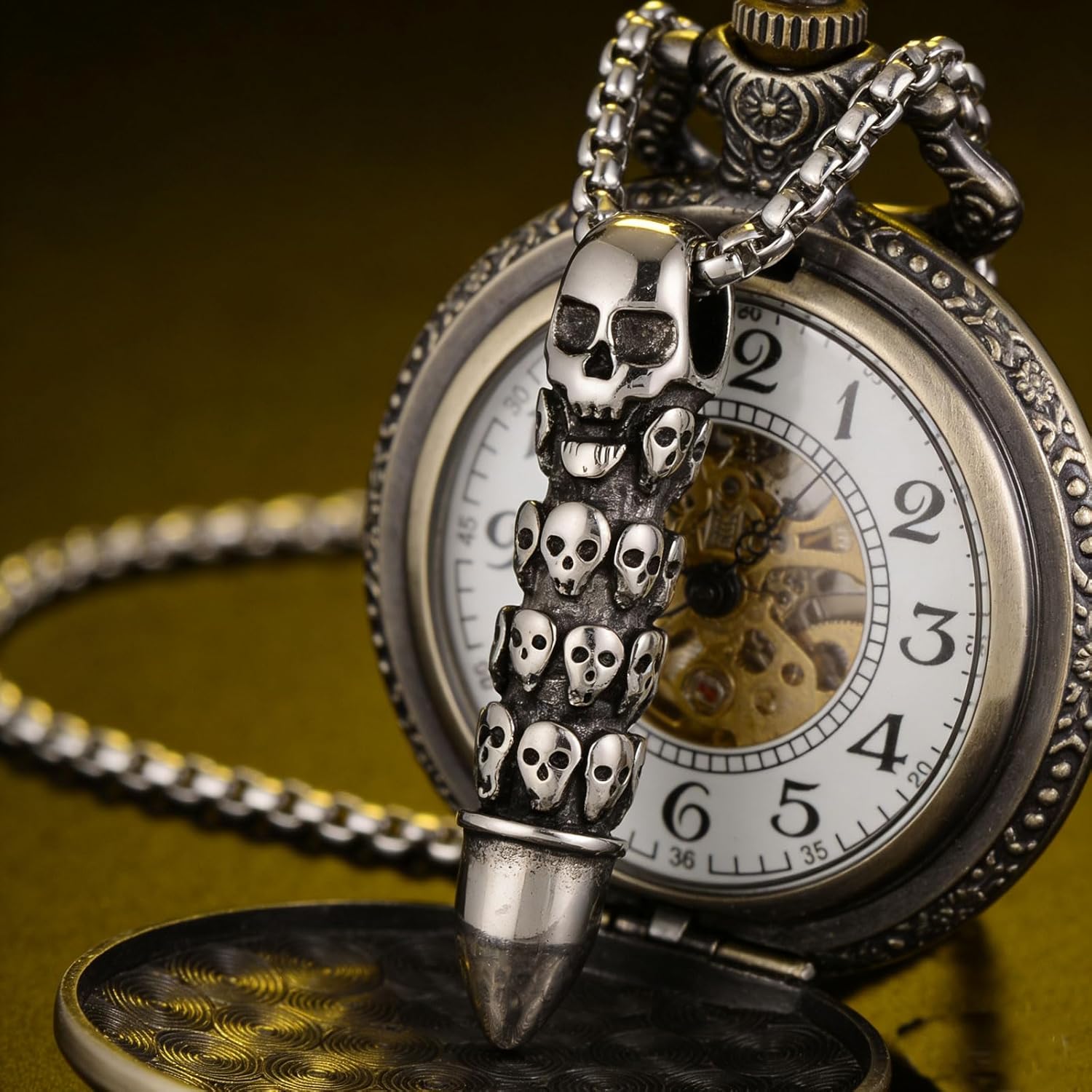 Men's Gothic Punk Hip-Hop Rock Skull Cylindrical Bullet Pendant Necklace, 316L Stainless Steel Material, Silver Stainless Steel Square Pearl Chain, Vintage Halloween Jewelry - Image 6