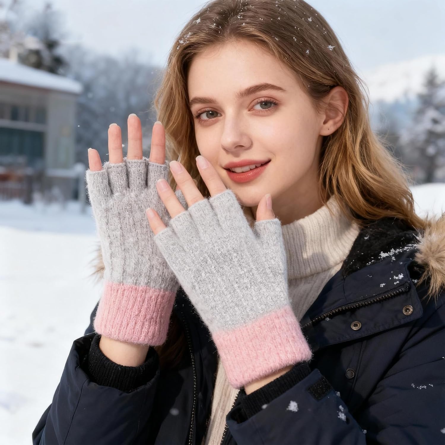 Women Winter Fingerless Gloves Pink Gray Warm Knitted Half Finger Mittens Fleece Lined Thermal Fingerless Gloves for Cold Weather Typing Driving Working - Image 4