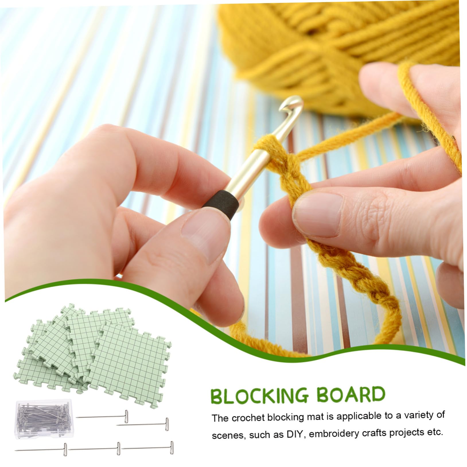 Gatuida Kit per Uncinetto con Tappetino Bloccante Leggero in Schiuma Verde Chiaro e Spilli in Acciaio Inossidabile, Dimensione Portatile per Progetti Fai-da-Te e Lavori di Ricamo