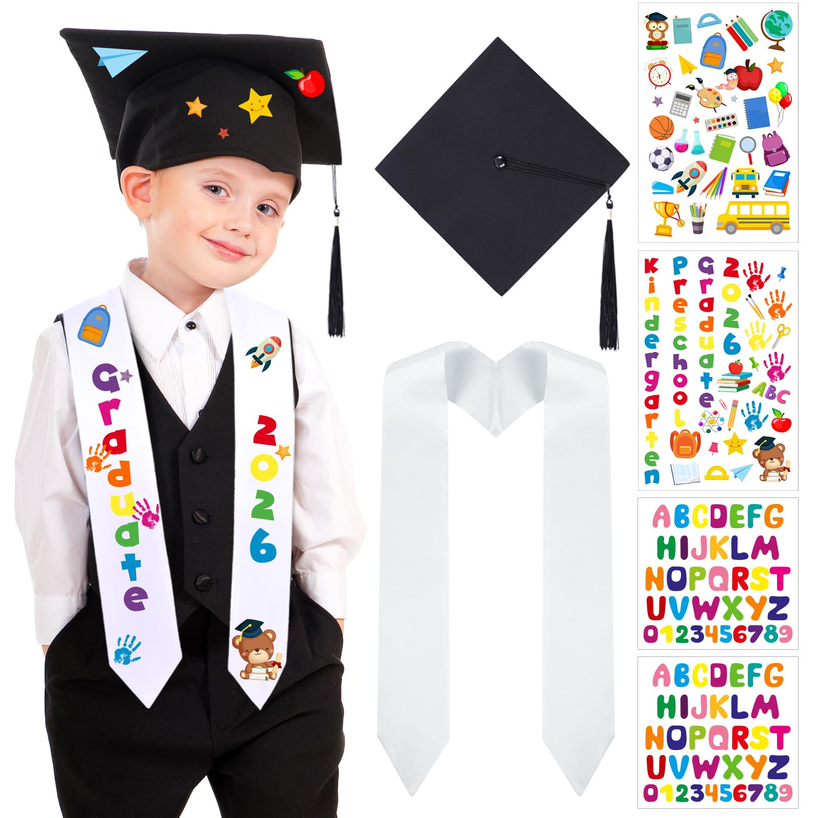 6 Pcs 2026 Preschool Kindergarten Graduation Cap Stole Iron on Letter Set Unisex Cap and Graduation Sash Sublimation Blank Stole Graduation Gifts for