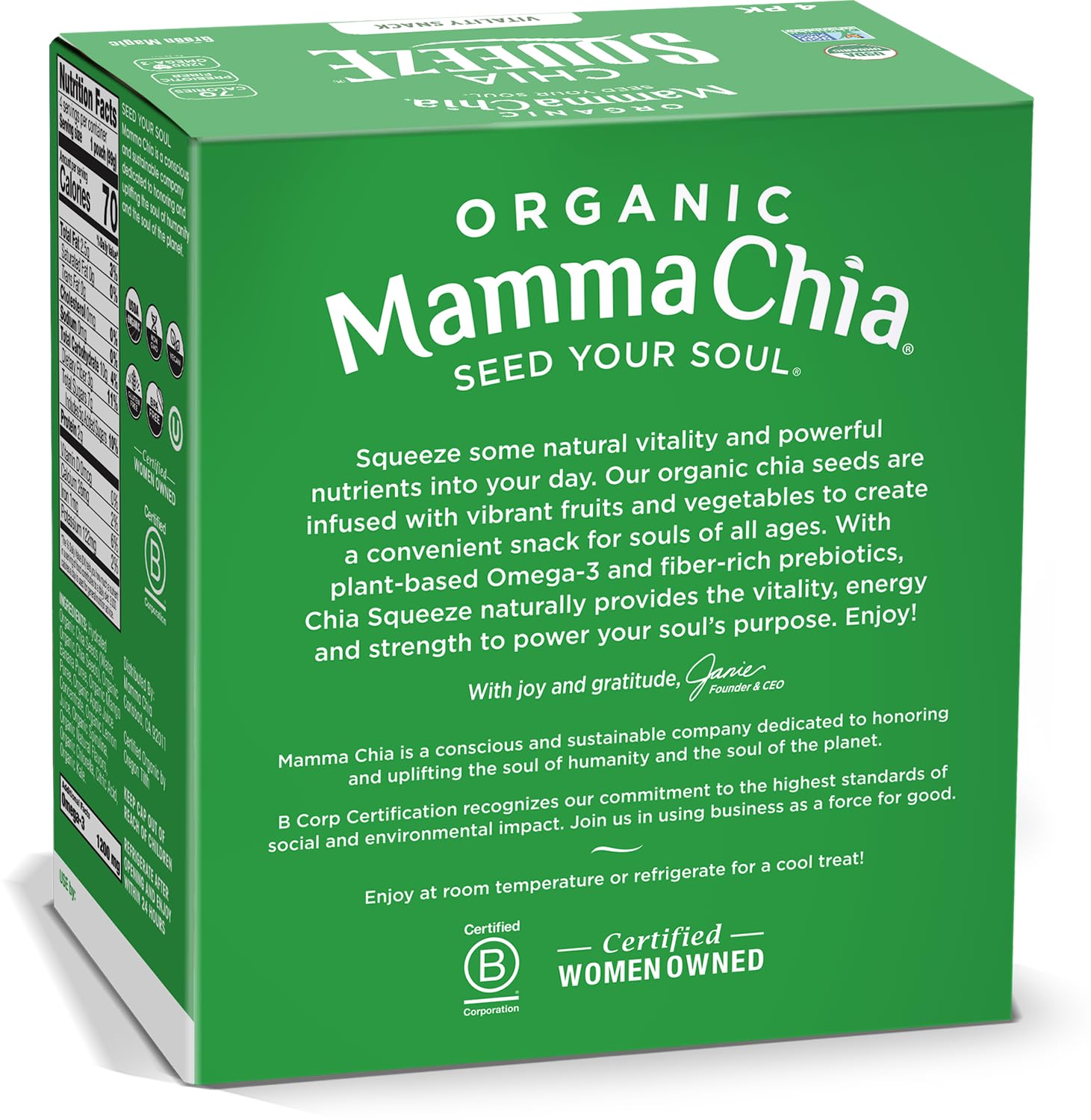 Mamma Chia Organic Vitality Squeeze Snack, Green Magic, 24- 3.05 Ounce Chia Snack. USDA Organic, Non-GMO, Vegan, Gluten Free, and Kosher. Fruit and Vegetables with only 70 Calories
