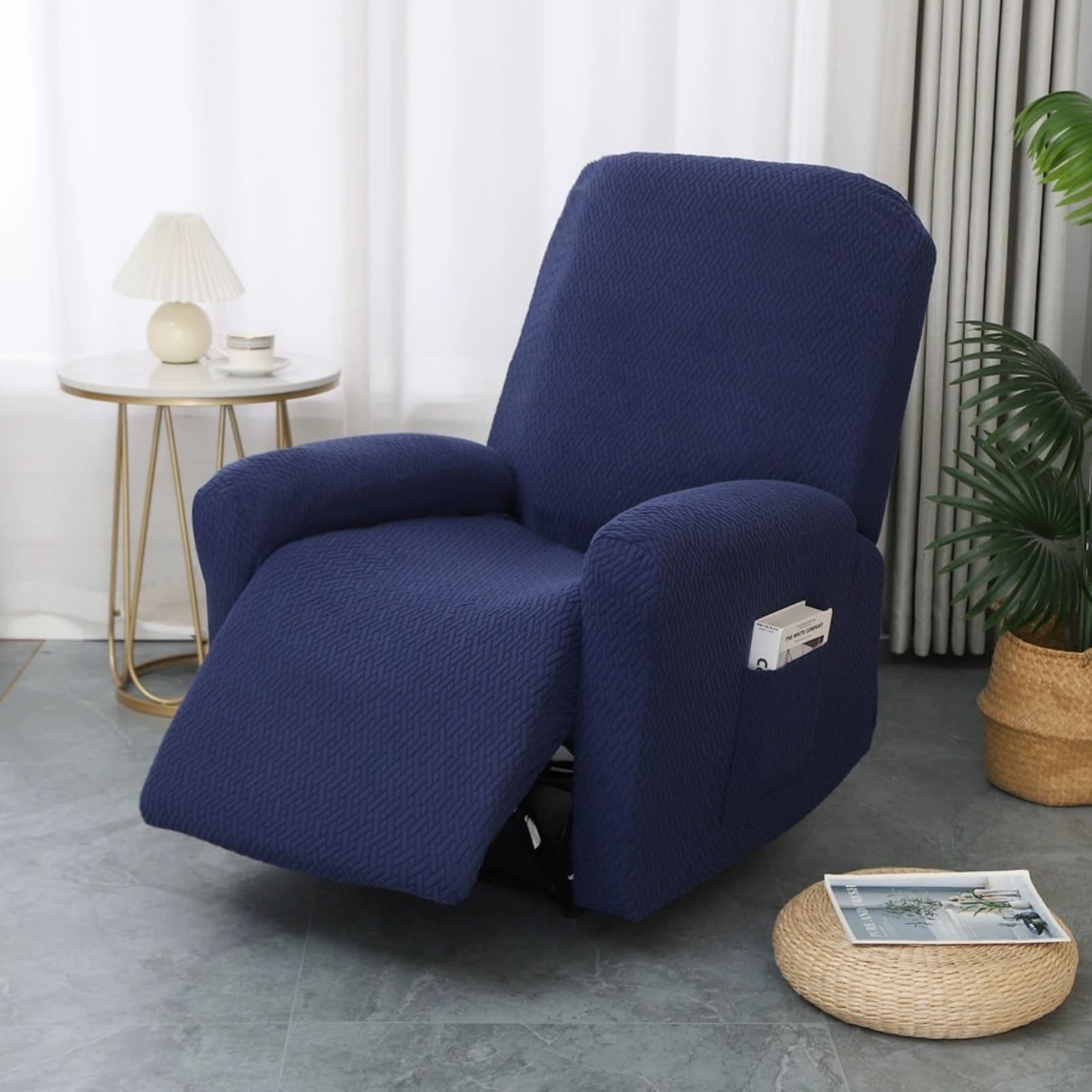1 Seater Recliner Chair Covers with Pockets, Solid Color Jacquard 4 Pieces Elastic Armchair and Sofa Slipcovers, Living Room Sofa Cover, Dark Blue