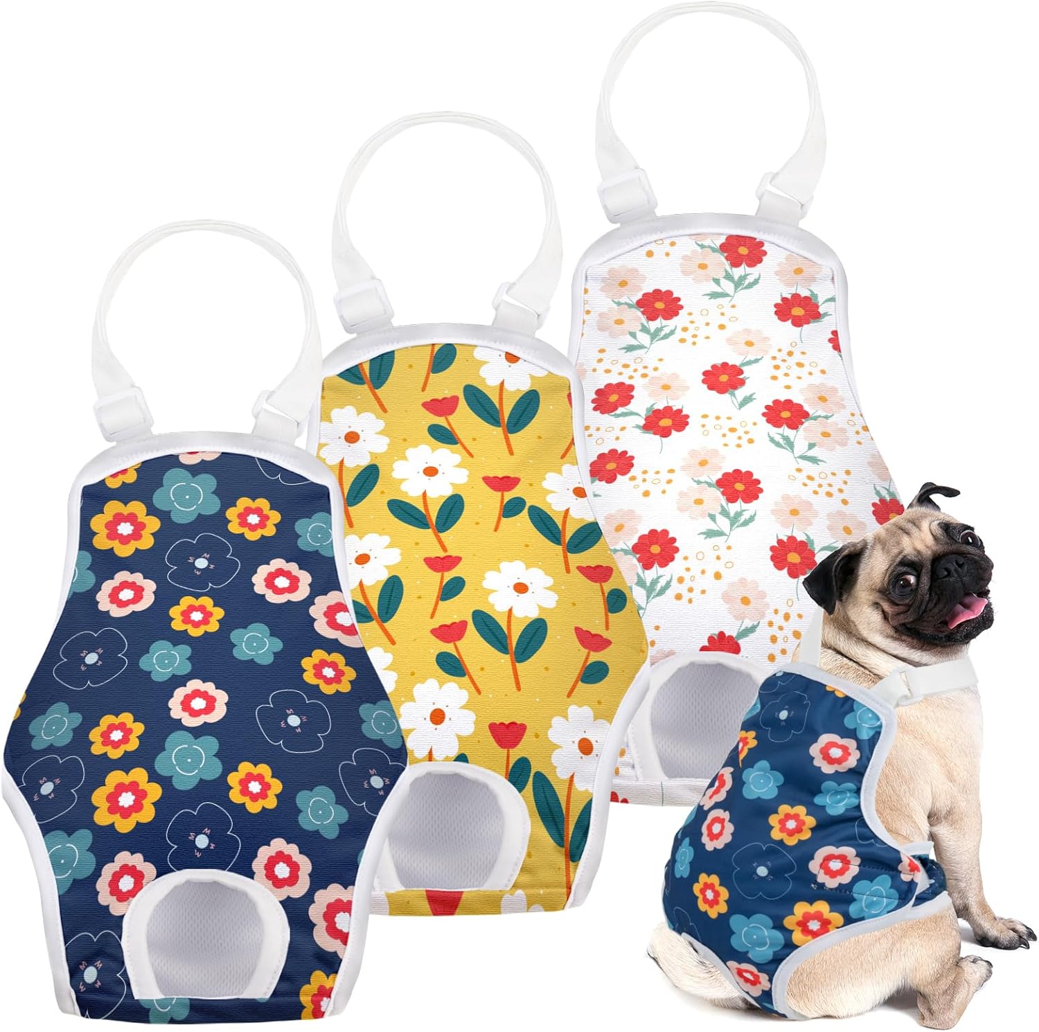 MICOOYO Dog Diaper Onesie Sanitary Pantie with Adjustable Suspender Washable Dog Period Panties Doggie Diapers Pet Underwear Female Dogs Diapers for Heat (Floral, S/M)