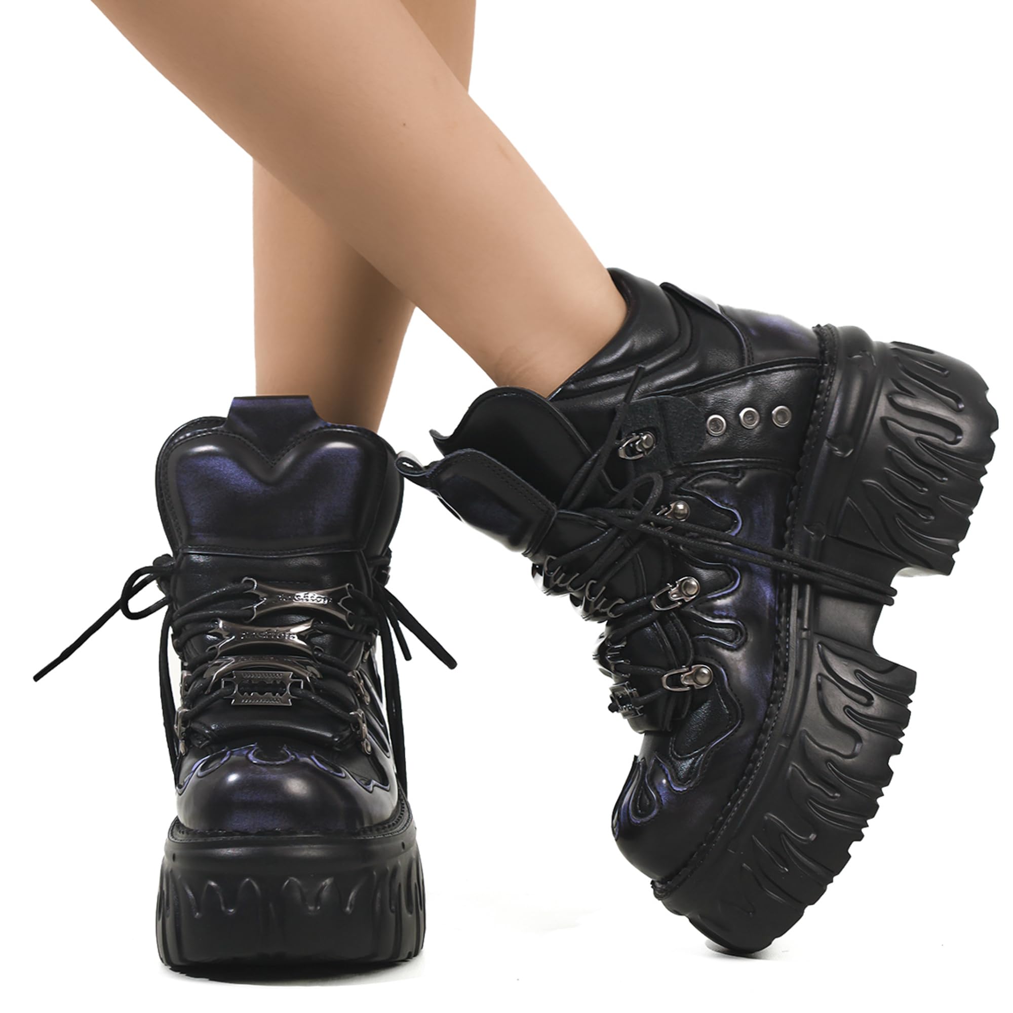 Chaussures Gothiques Punk Métalliques à Plateforme, Bottines Rock à Lacets pour Femme Design Flamme Détails Cloutés