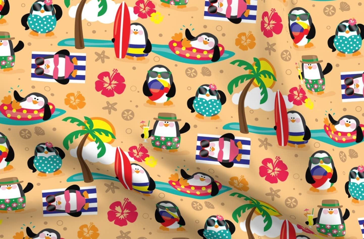 Spoonflower Fabric - Penguin, Island Paradise, Tropical, Animal, Beach, Sand, Ocean, Printed on Organic Cotton Sateen Fabric by The Yard - Sewing Quilting Apparel Home Decor