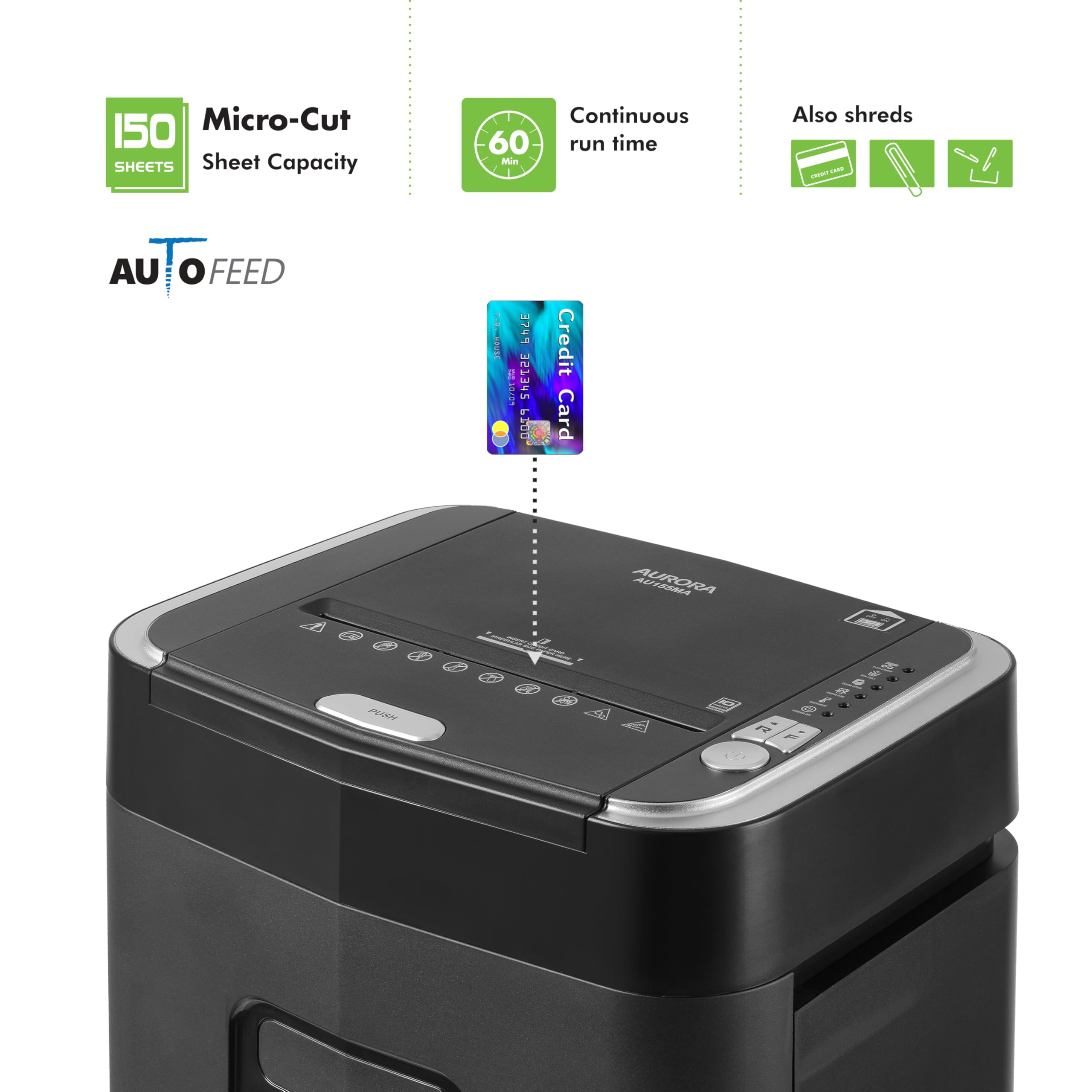 Aurora Trituradora de papel microcortado y tarjetas de crédito de grado profesional de 150 hojas con cesta extraíble de 6.3 galones/60 minutos/nivel de seguridad P-4