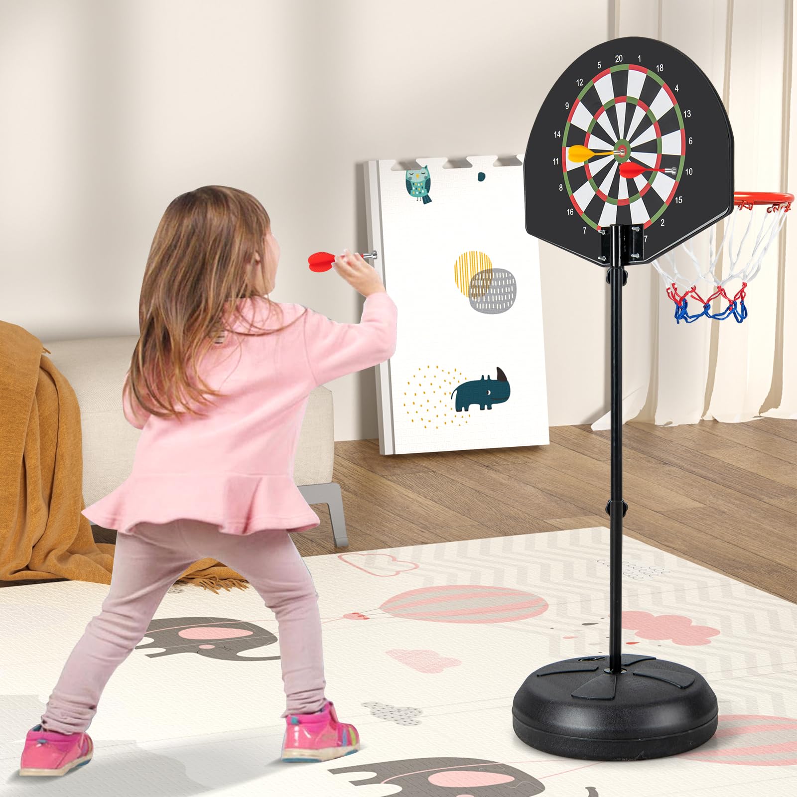 GYMAX Canestro da Basket 2 in 1 con Freccette Bersaglio e 6 Freccette, Altezza Regolabile, Base Riempibile, Supporto per Basket per Uso Interno ed Esterno, Adatto a Bambini 8+ Anni