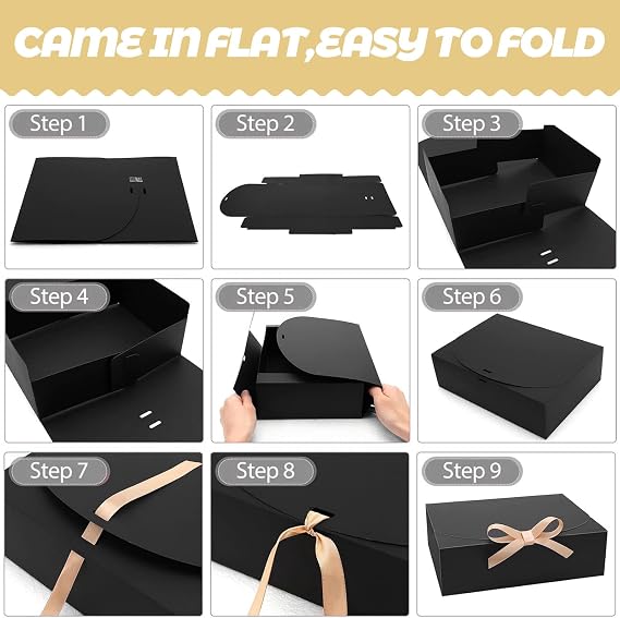 Black Gift Boxes with Lids 10 Pack - 16.5x16.5x5cm Gift Box for Presents with Gold Ribbons, Elegant Rigid Cardboard Bridesmaid Proposal Boxes for Wedding Birthday Graduation Party Favor Packaging