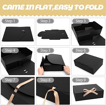 Black Gift Boxes with Lids 10 Pack - 16.5x16.5x5cm Gift Box for Presents with Gold Ribbons, Elegant Rigid Cardboard Bridesmaid Proposal Boxes for Wedding Birthday Graduation Party Favor Packaging