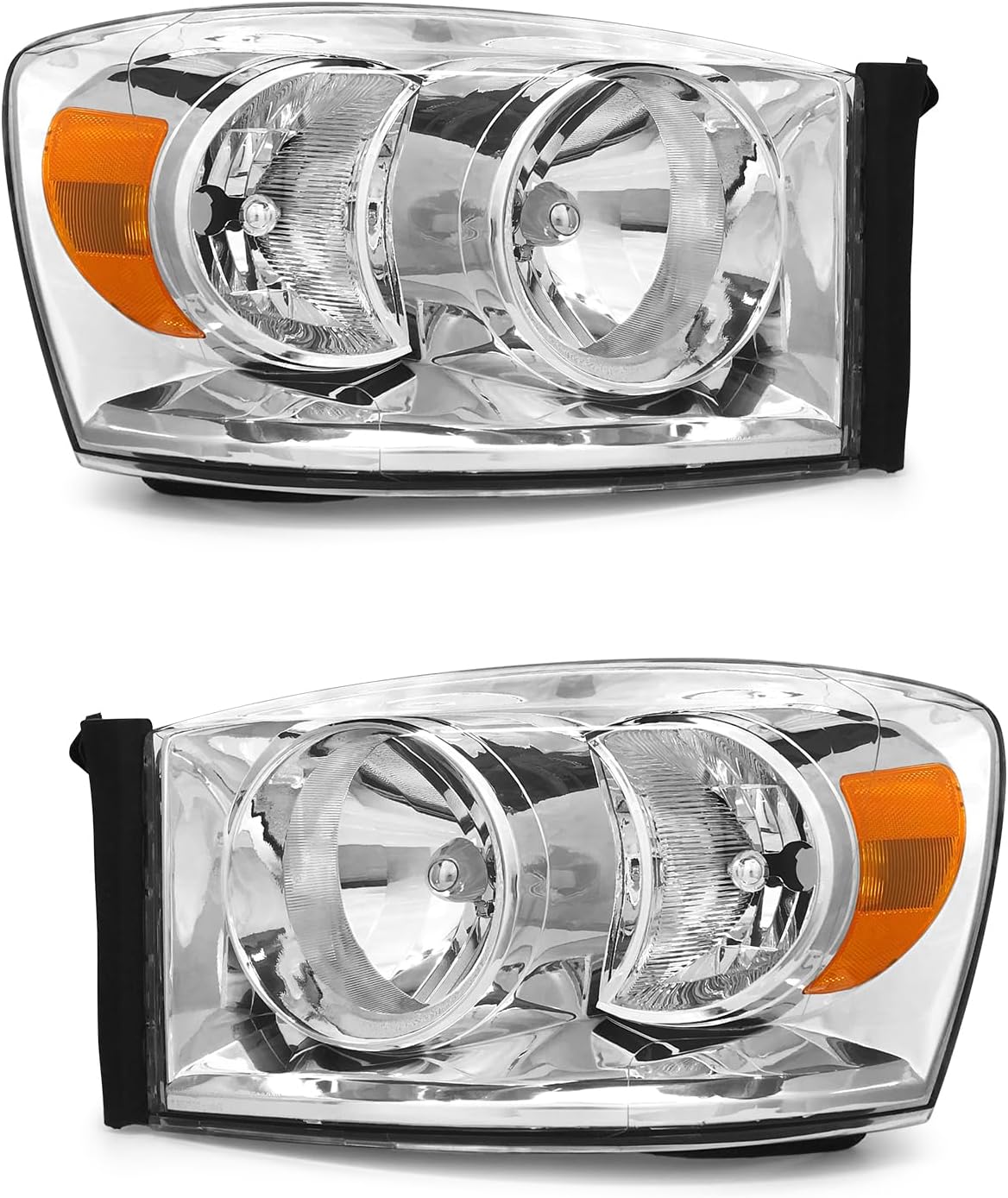 fit 2006-2009 Dodge Ram 2500 3500 Headlight Assembly for 06 07 08 Dodge Ram 1500 Headlamp Clear Lens Chrome Housing Amber Reflector Headlamp Replacement Left Right Pair（W/O Bulbs）