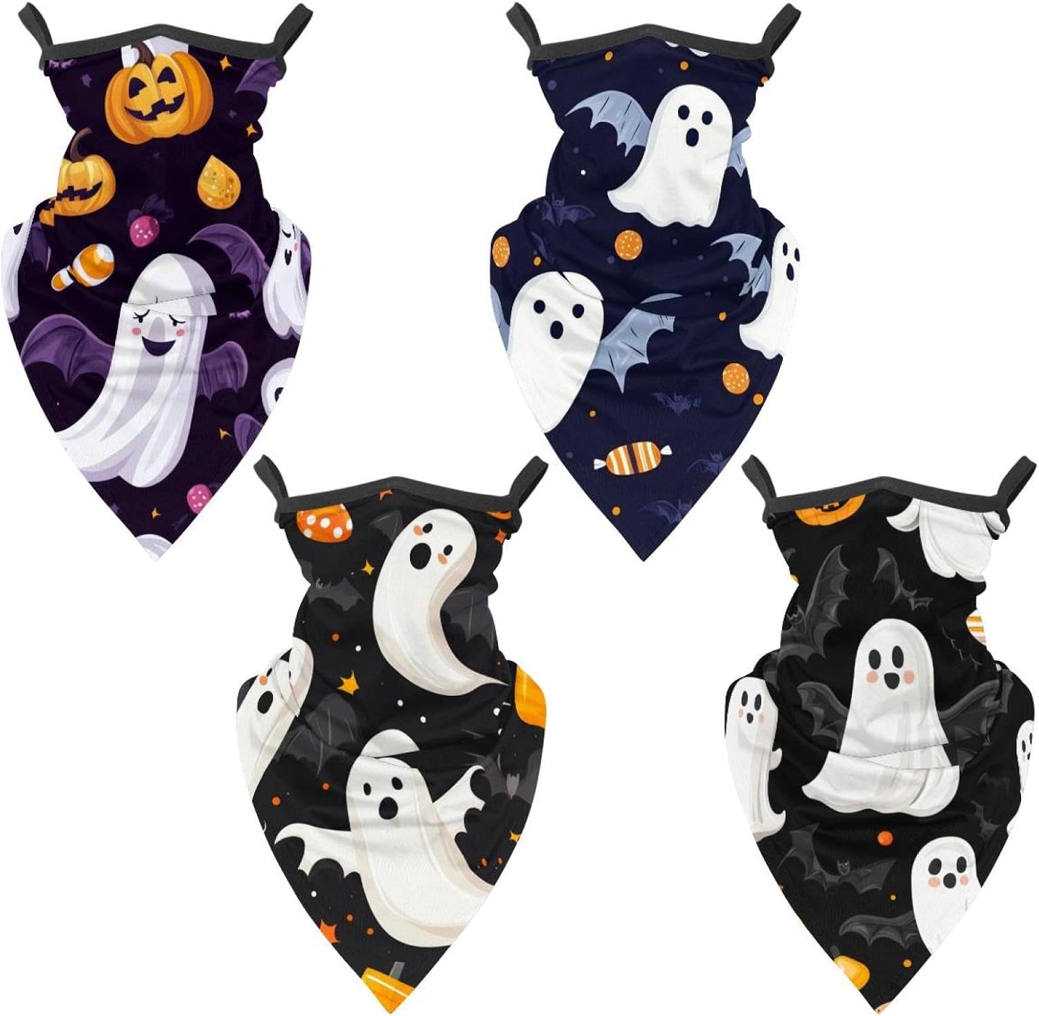 4 Pack Halloween Bats Candies Pumpkins Fishing Neck Gaiter - UV Face Mask Sun Protection for Men & Women