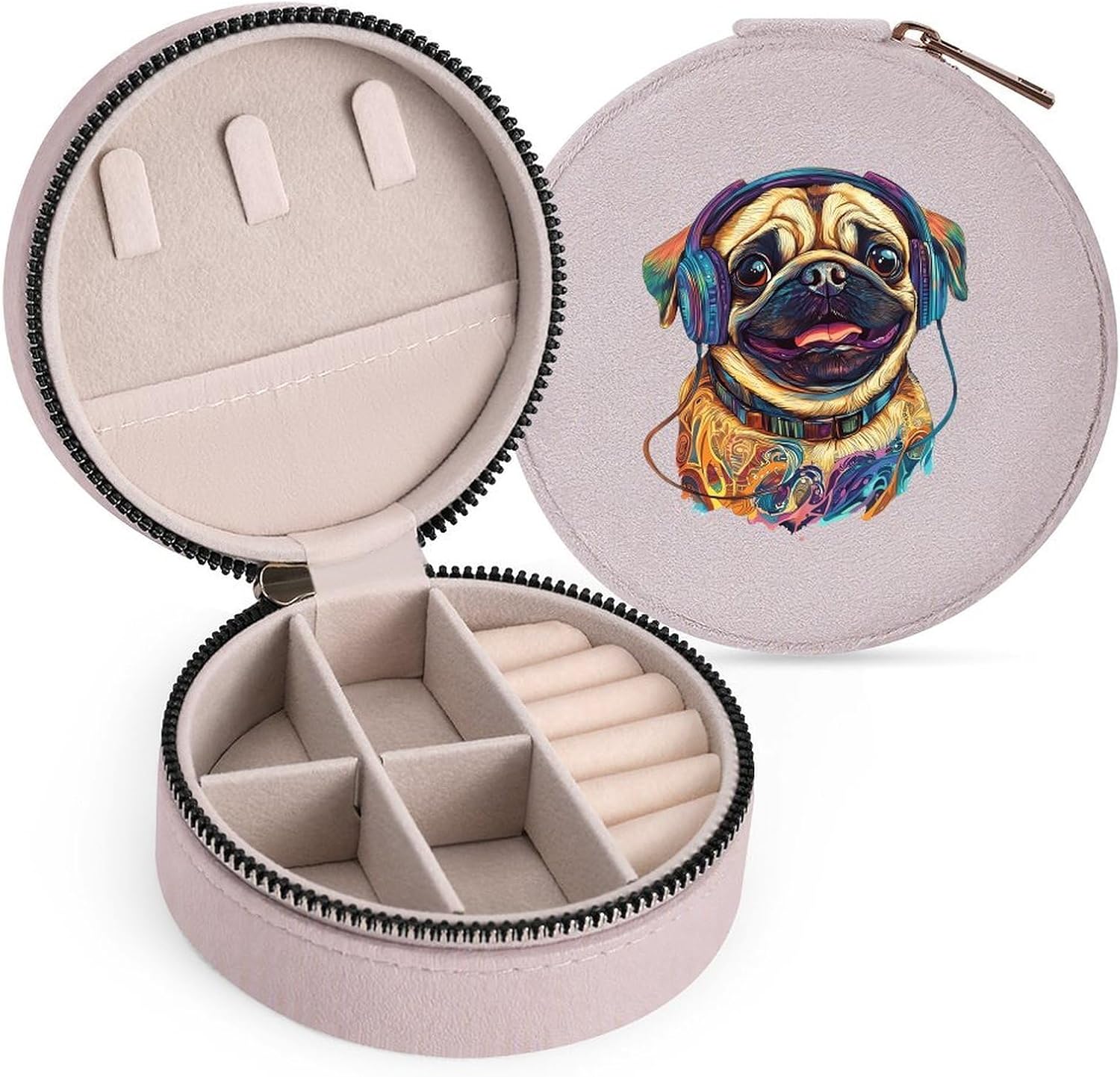 Pug Dog Wearing Headphone Travel Jewelry Case Box Peachy Pink-style