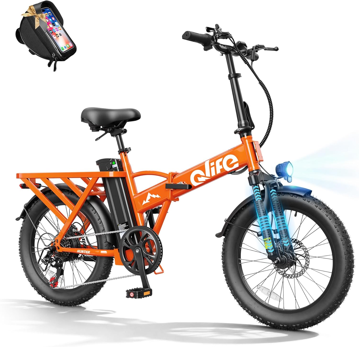 Qlife Hunter Foldable Electric Bike for Adults, Peak 1200W Ebike with 48V 13.5Ah Battery, 65-Mile Range, Heavy-Duty Rear Rack, 20-Inch Fat Tires, Folding E Bike for Commuting & Outdoor Use